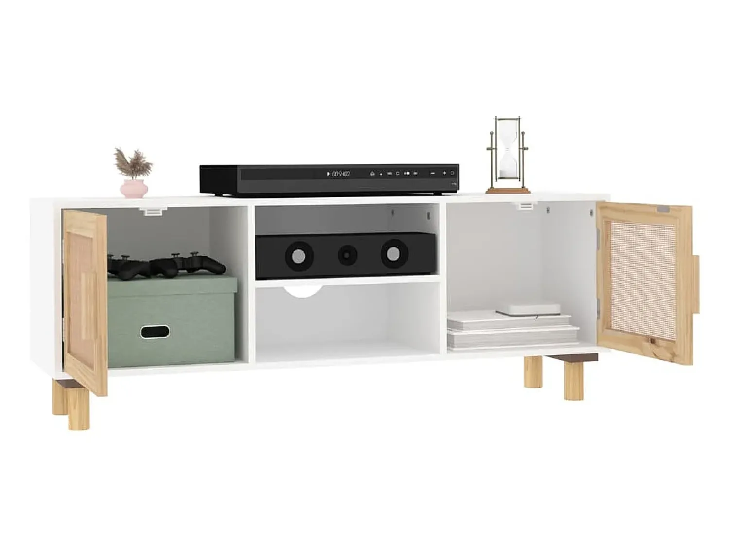 Móvel de TV 105x30x40 cm pinho maciço/vime natural PT182480^ Móvel De Tv