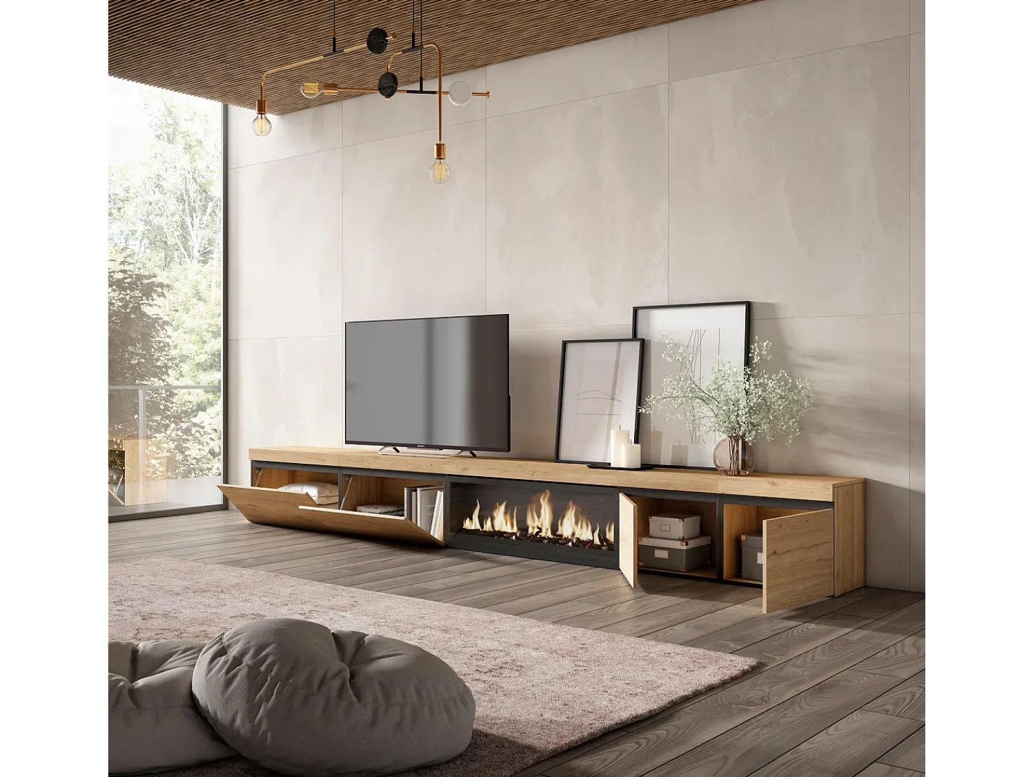 Skraut Home Móvel de TV, 368x35x45, Lareira eléctrica XXL, Carvalho^ Móvel De Tv