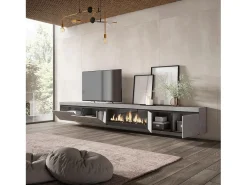 Skraut Home Móvel de TV, 368x35x45, Lareira eléctrica XXL, Suspensos, Cimento Cinzento