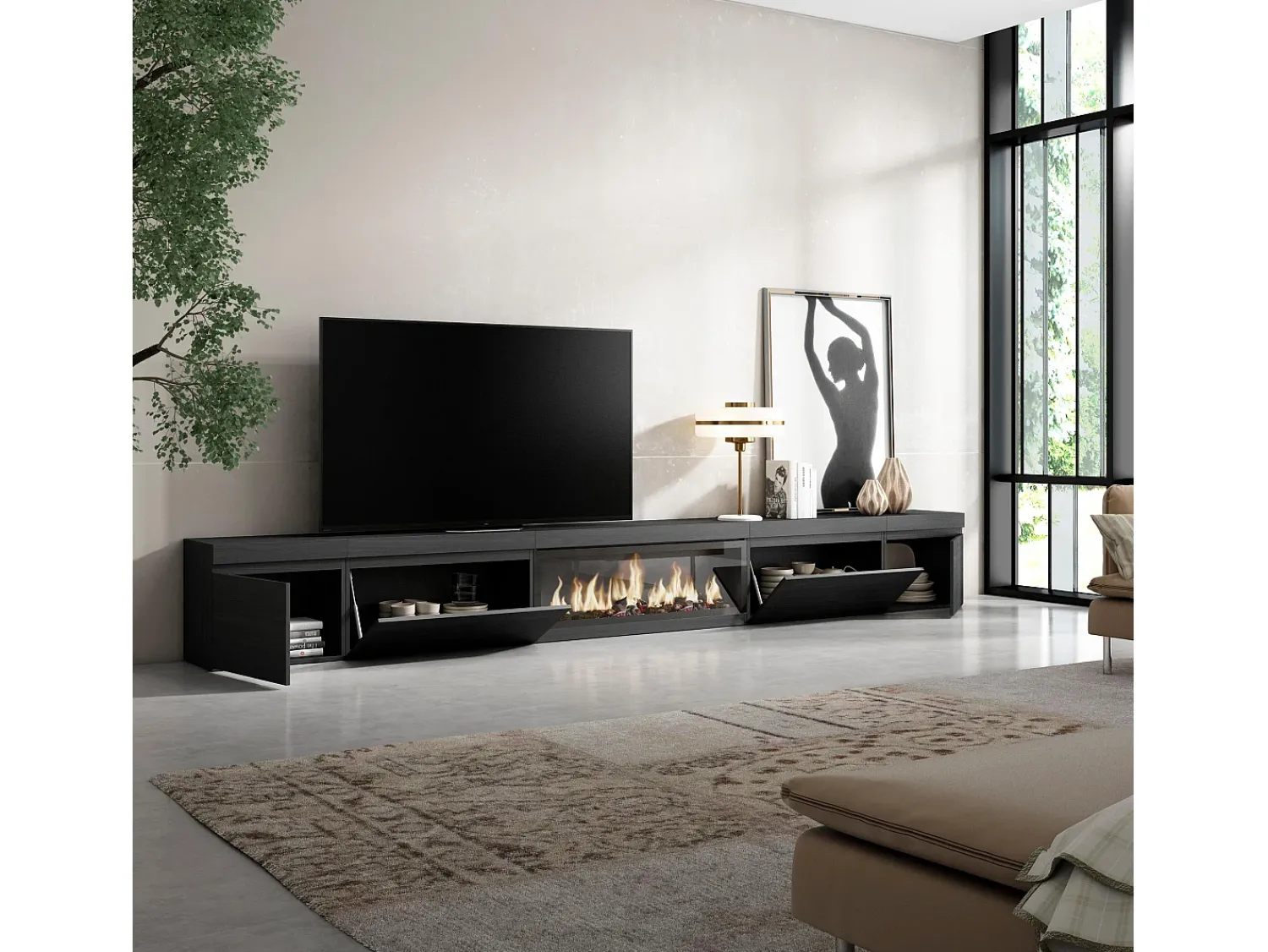 Móvel De Tv|Skraut Home Móvel de TV, 368x35x45, Lareira eléctrica XXL, Preto