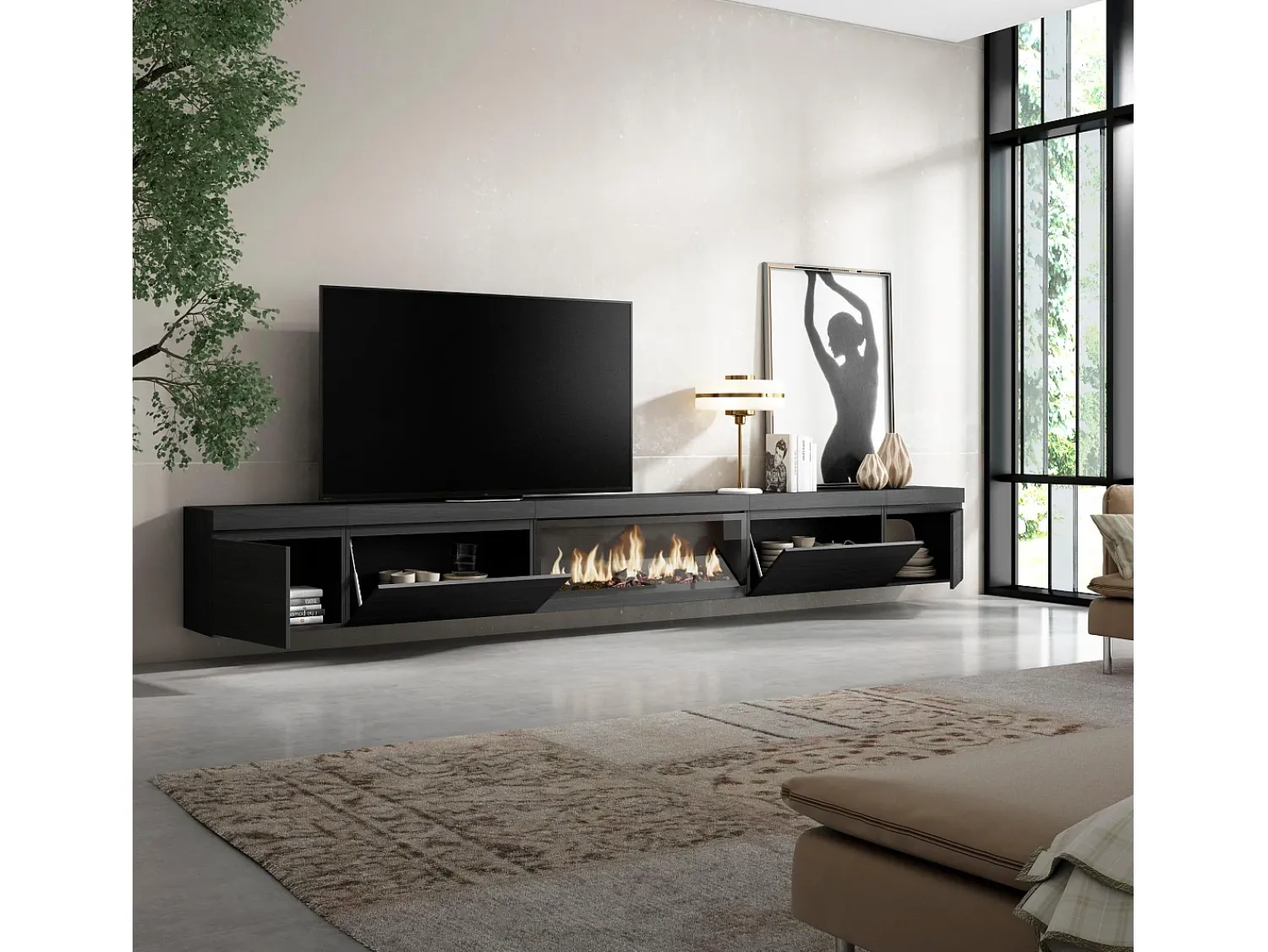 Móvel De Tv*Skraut Home Móvel de TV, 368x35x45, Lareira eléctrica XXL, Suspensos, Preto