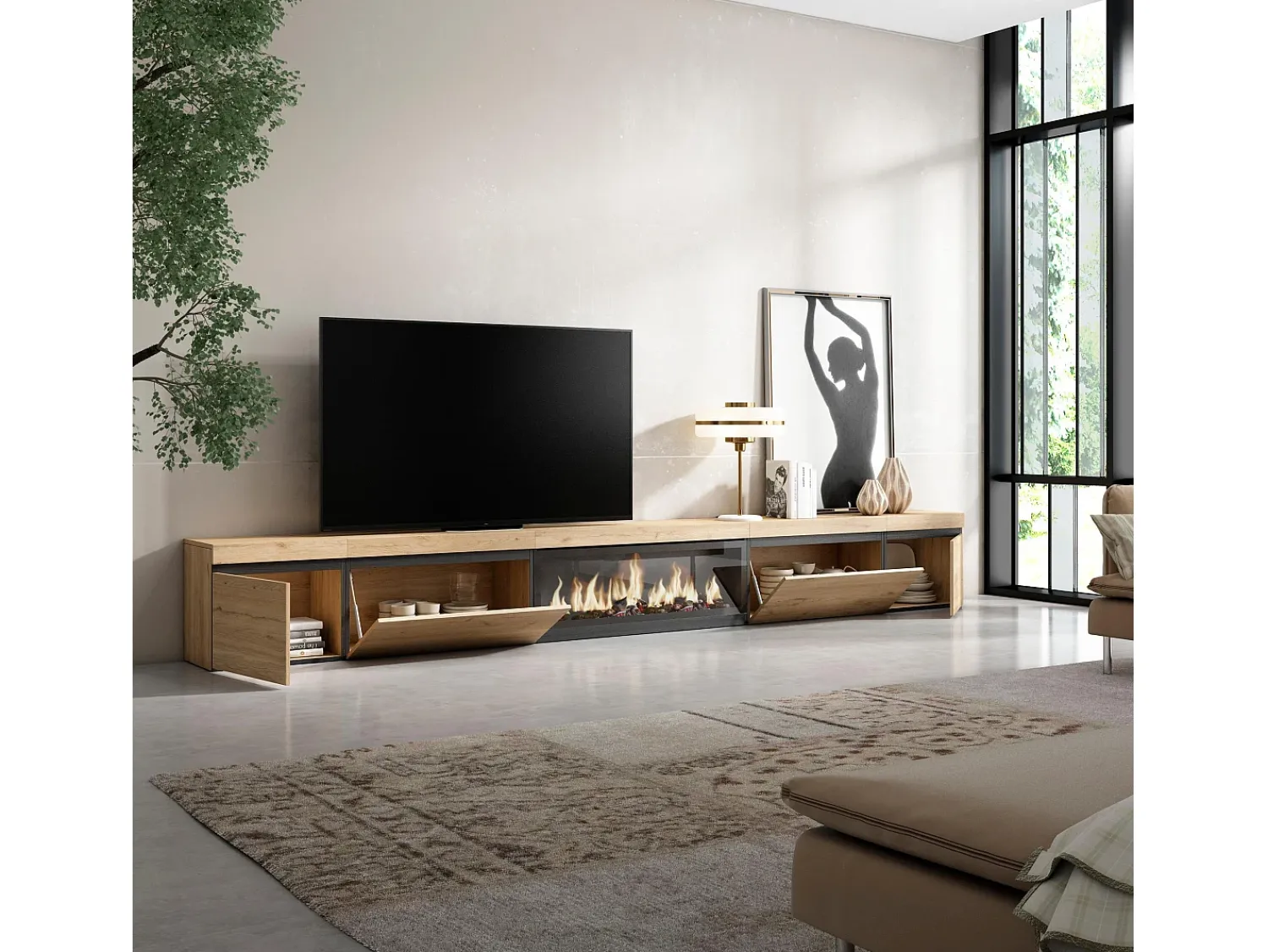 Skraut Home Móvel de TV, 368x35x45, Lareira eléctrica XXL, Carvalho^ Móvel De Tv
