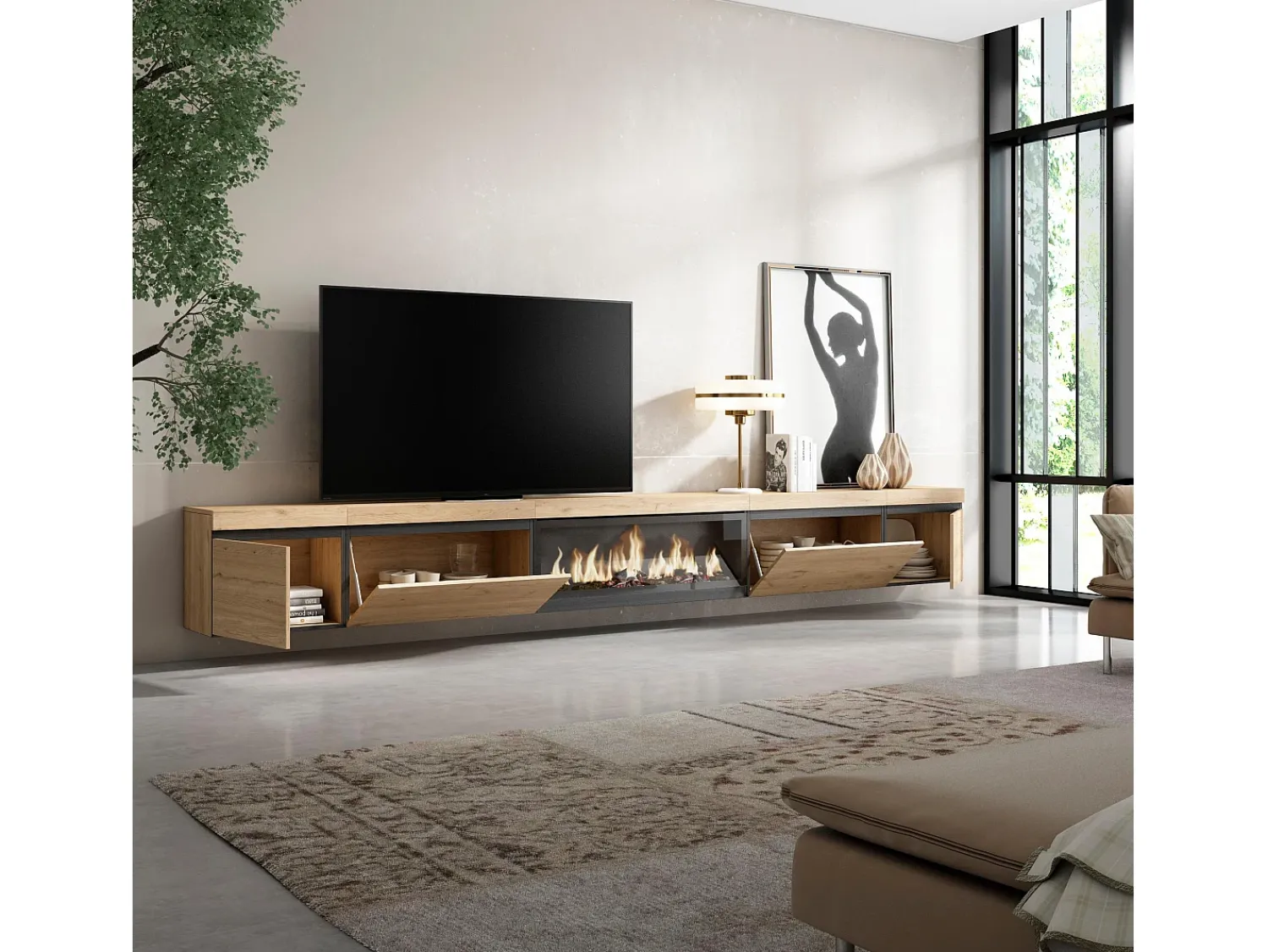 Skraut Home Móvel de TV, 368x35x45, Lareira eléctrica XXL, Suspensos, Carvalho^ Móvel De Tv