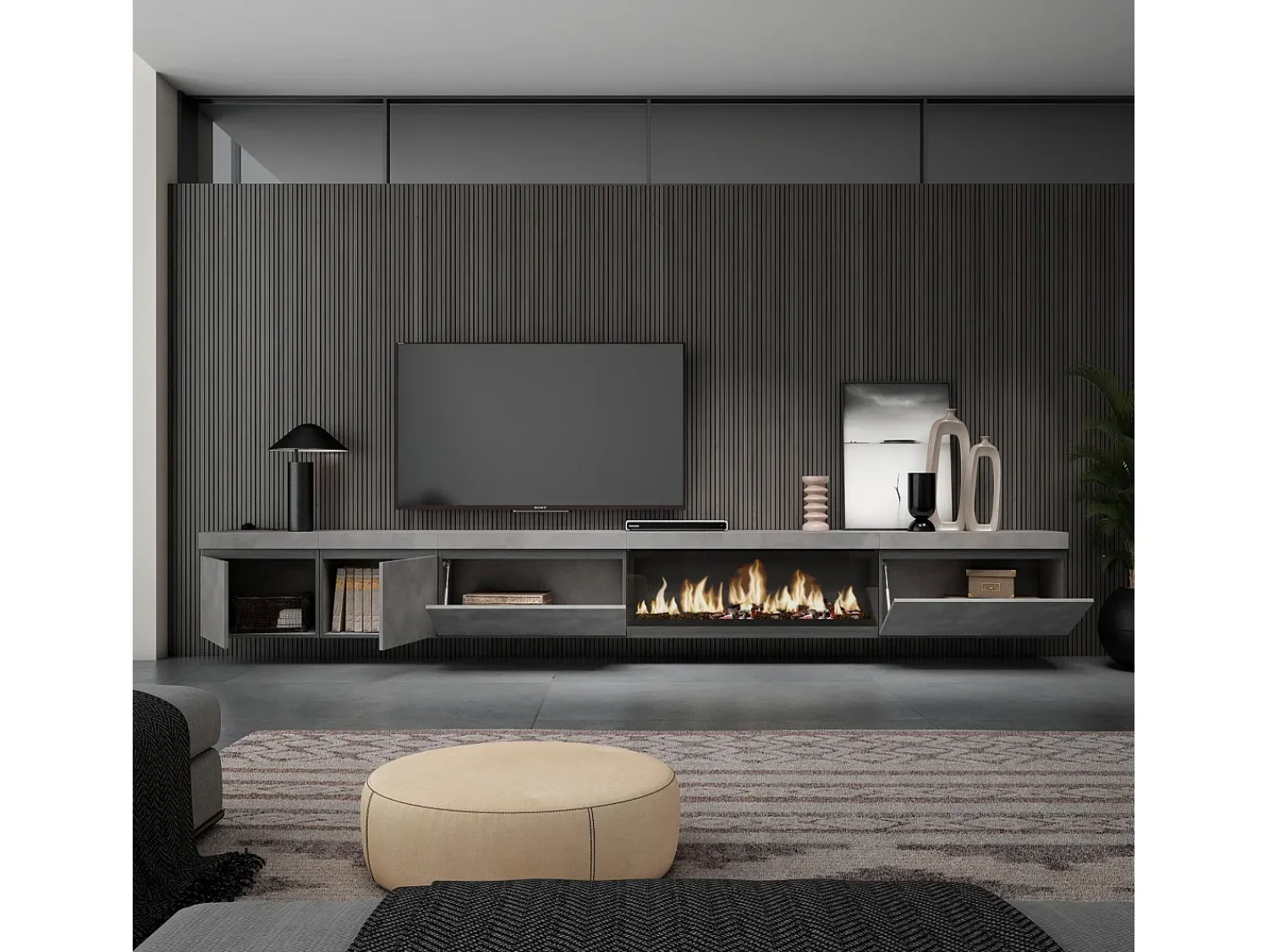 Móvel De Tv|Skraut Home Móvel de TV, 368x35x45, Lareira eléctrica XXL, Suspensos, Cimento Cinzento