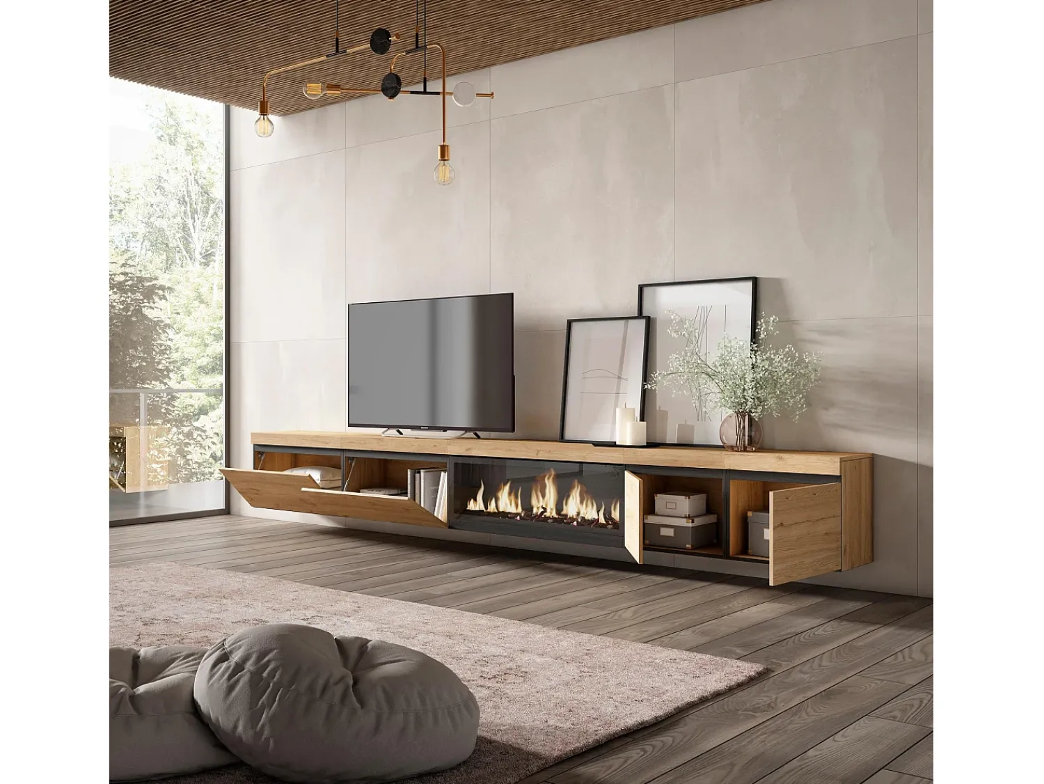 Best Skraut Home Móvel de TV, 368x35x45, Lareira eléctrica XXL, Suspensos, Carvalho Bege