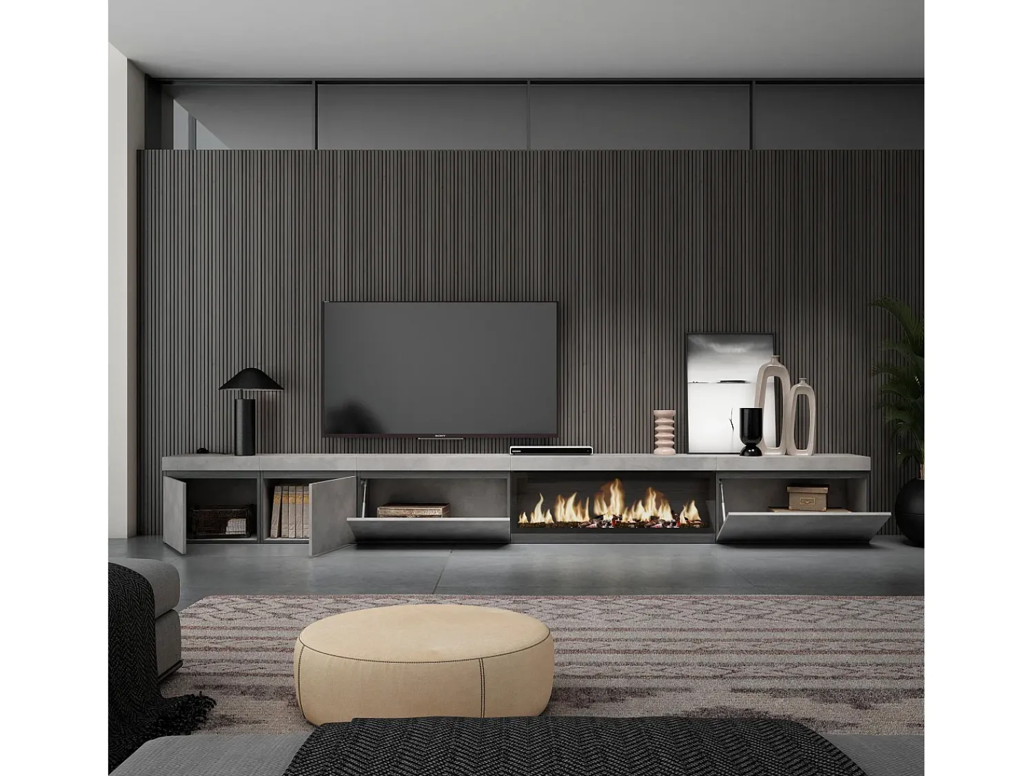 Móvel De Tv*Skraut Home Móvel de TV, 368x35x45, Lareira eléctrica XXL, Cimento Cinzento