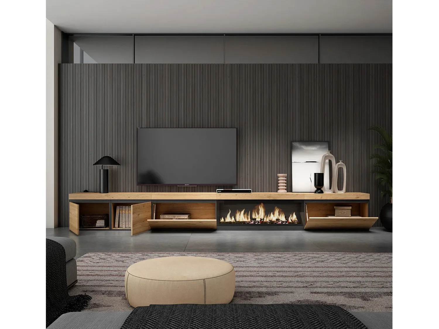 Móvel De Tv|Skraut Home Móvel de TV, 368x35x45, Lareira eléctrica XXL, Carvalho Bege