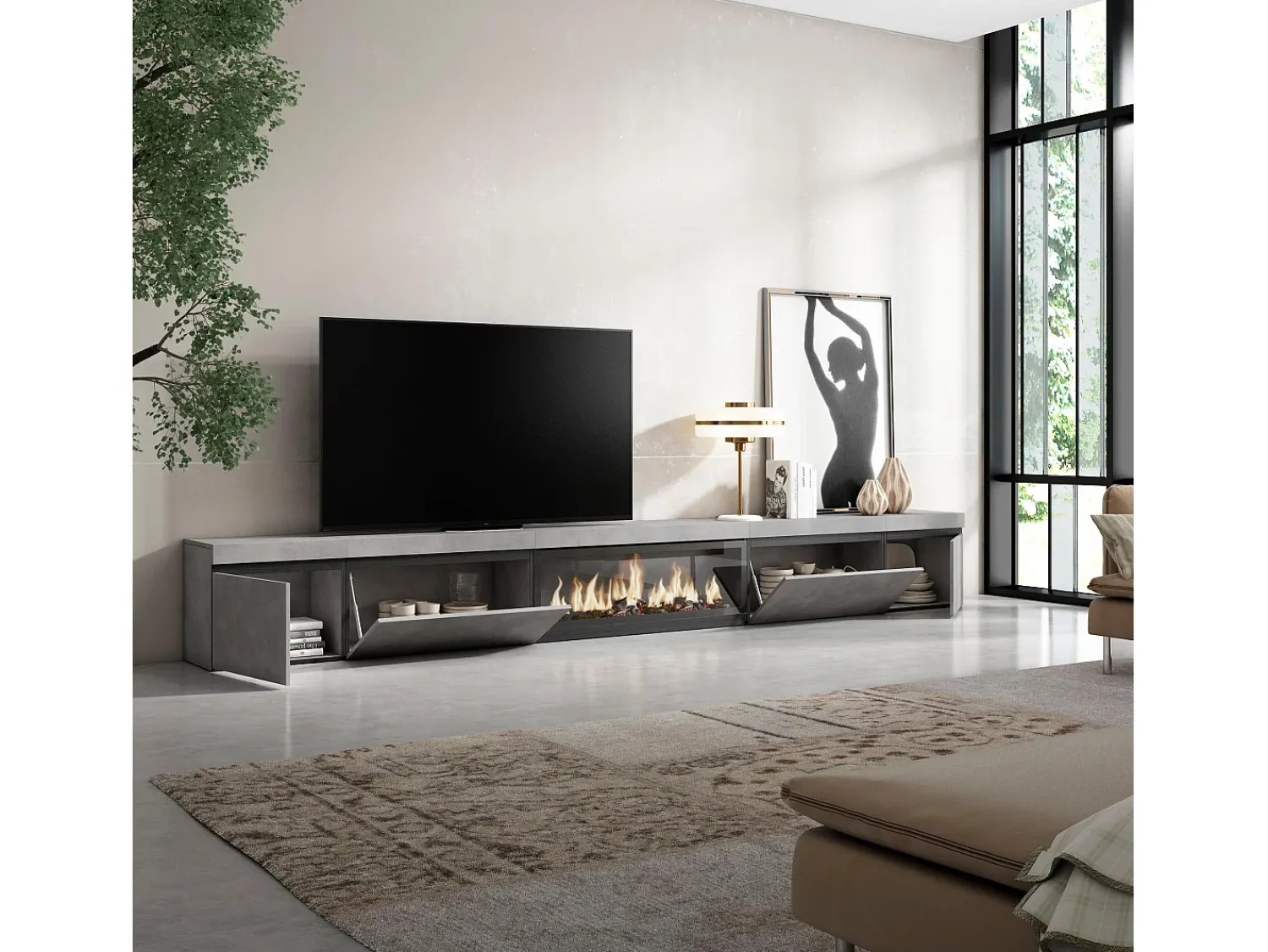Skraut Home Móvel de TV, 368x35x45, Lareira eléctrica XXL, Cimento^ Móvel De Tv