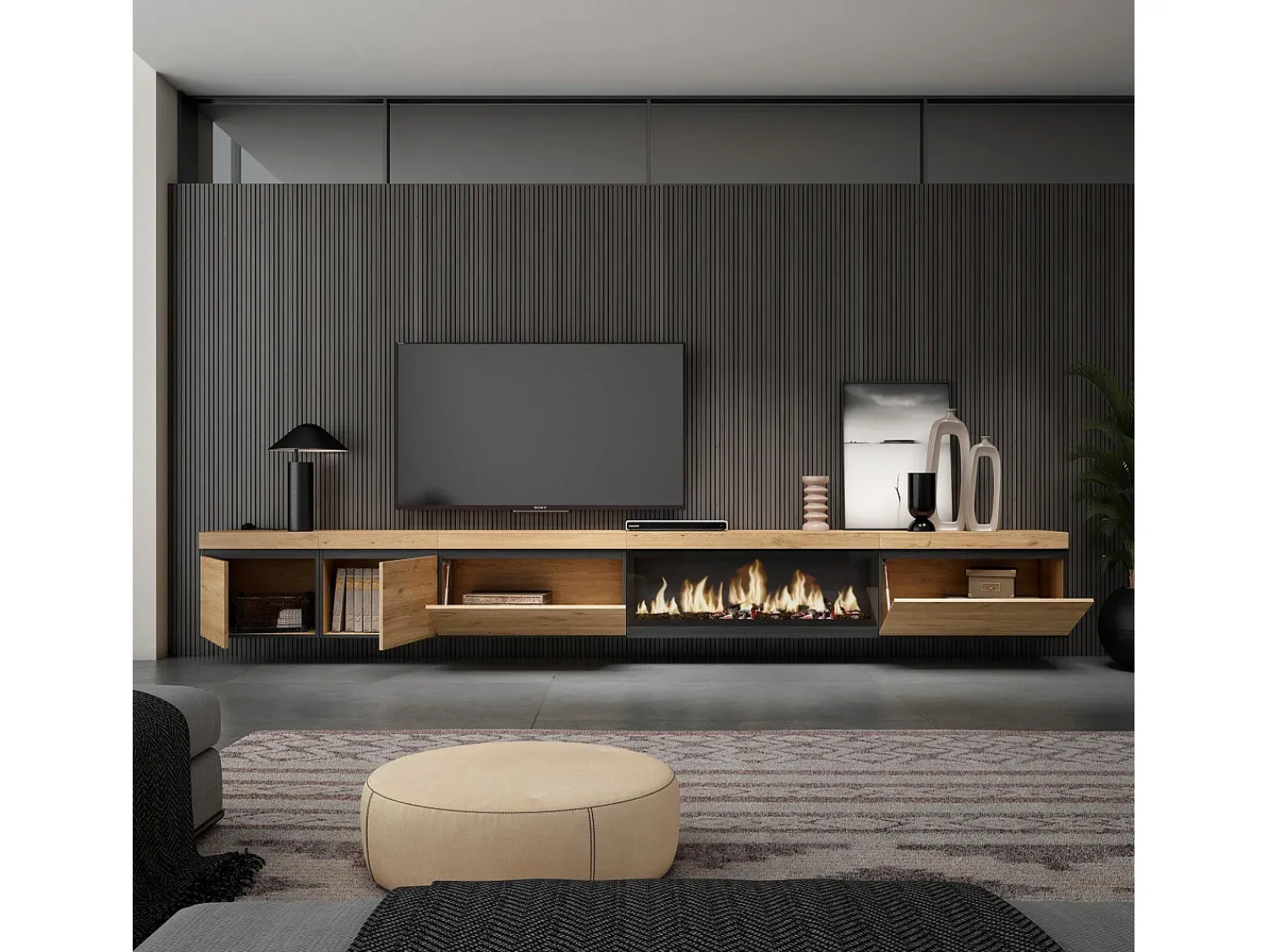 Móvel De Tv|Skraut Home Móvel de TV, 368x35x45, Lareira eléctrica XXL, Suspensos, Carvalho Bege