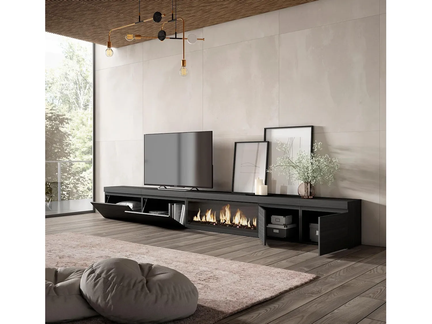 Móvel De Tv*Skraut Home Móvel de TV, 368x35x45, Lareira eléctrica XXL, Preto