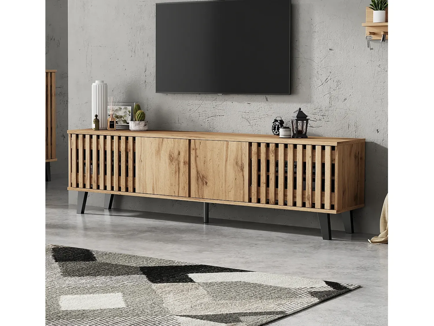 Clearance Hauss Spole Móvel de TV 180x40x55cm com 4 portas, incluindo 2 portas vazadas, corpo em folheado de madeira Natural claro