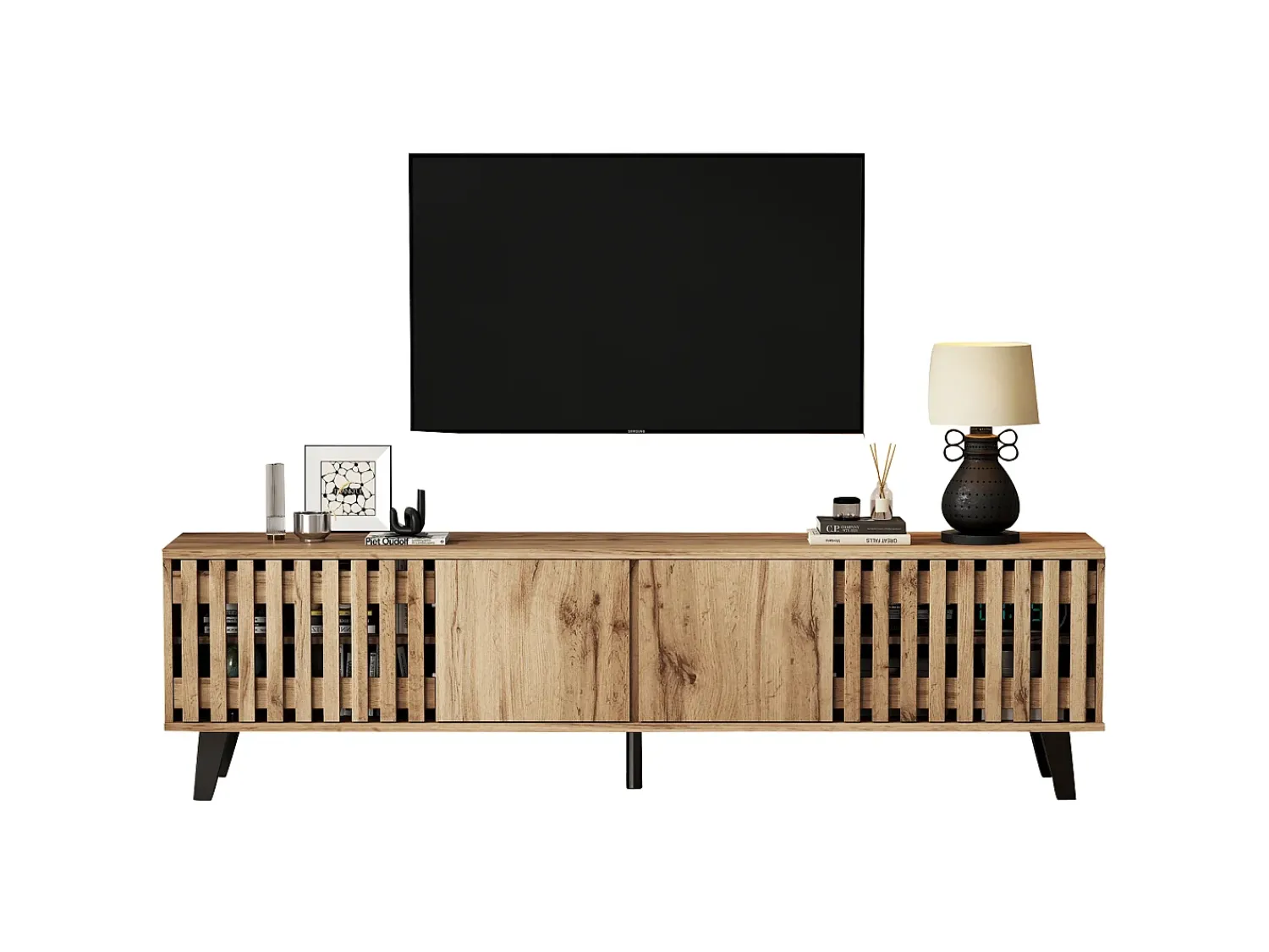 Clearance Hauss Spole Móvel de TV 180x40x55cm com 4 portas, incluindo 2 portas vazadas, corpo em folheado de madeira Natural claro