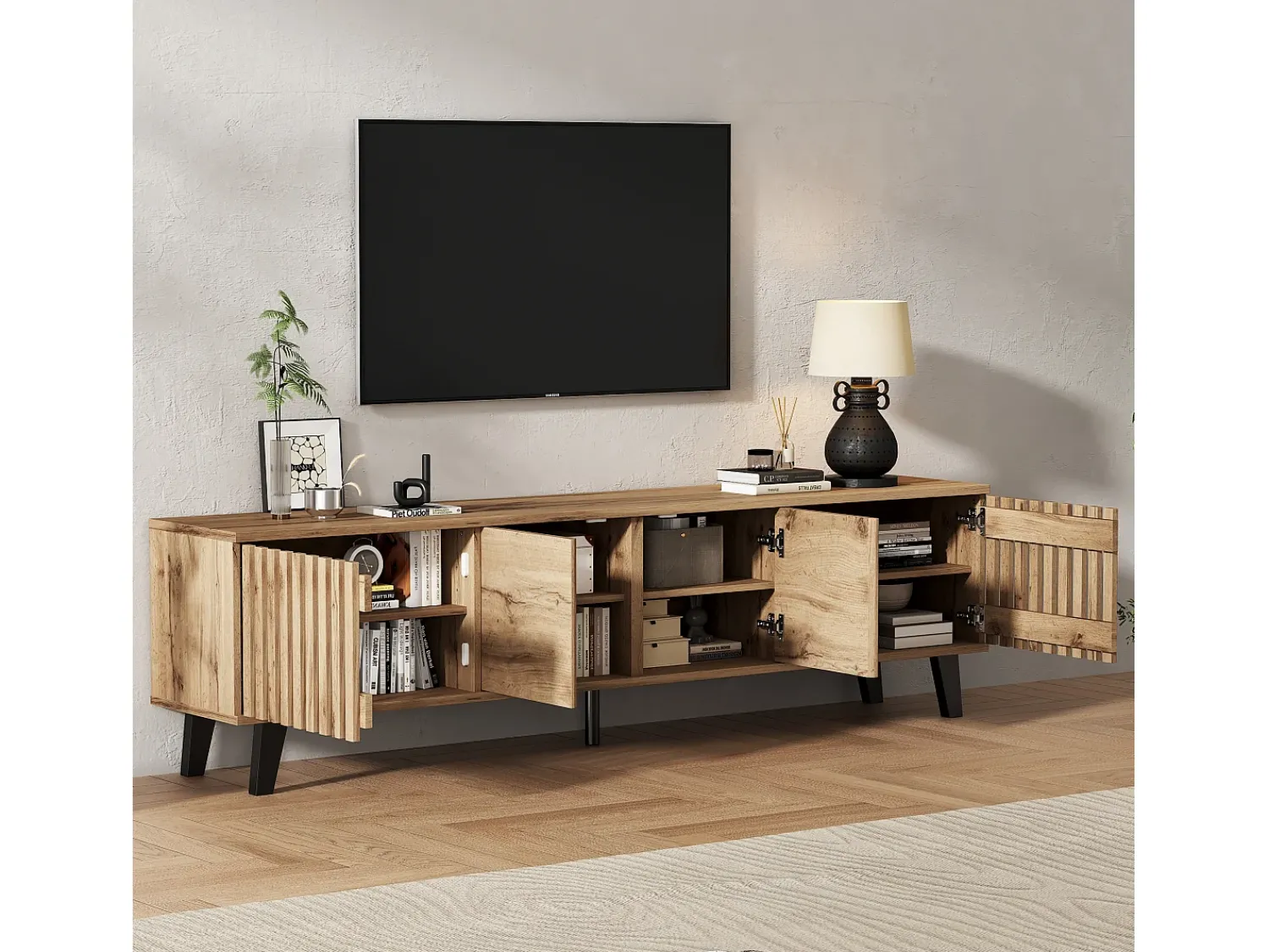 Clearance Hauss Spole Móvel de TV 180x40x55cm com 4 portas, incluindo 2 portas vazadas, corpo em folheado de madeira Natural claro