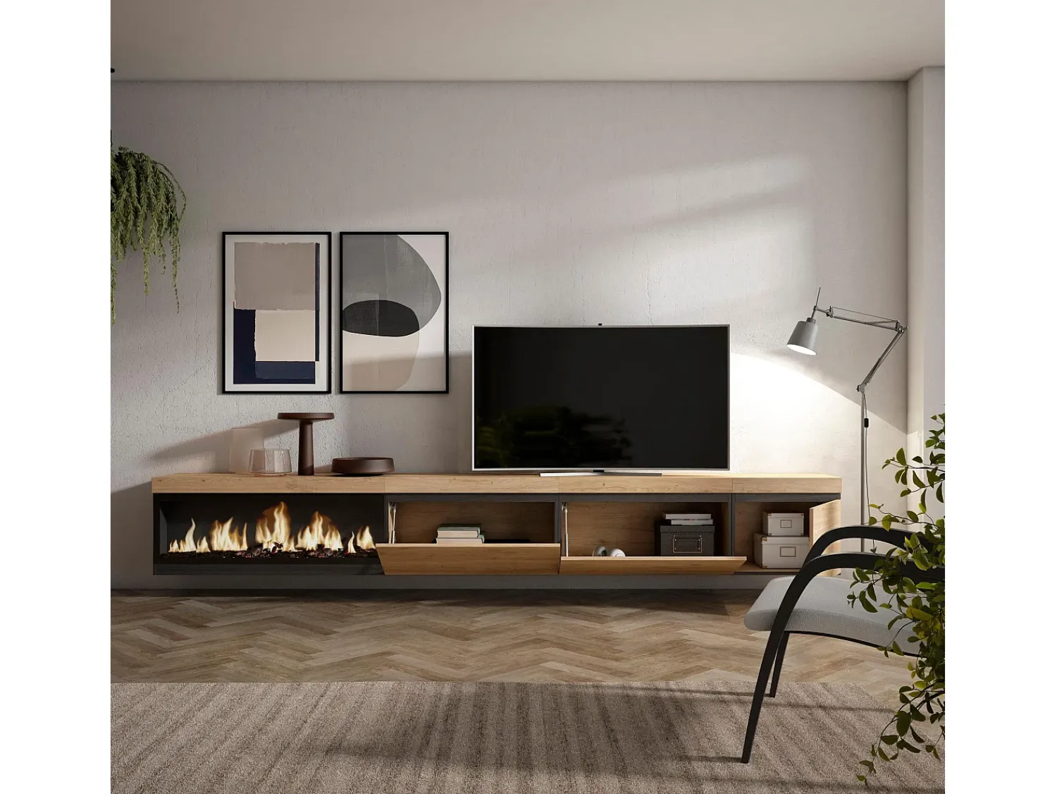 Sale Skraut Home Móvel de TV, 317x35x45cm, Lareira eléctrica XXL, Suspensos, Carvalho Bege