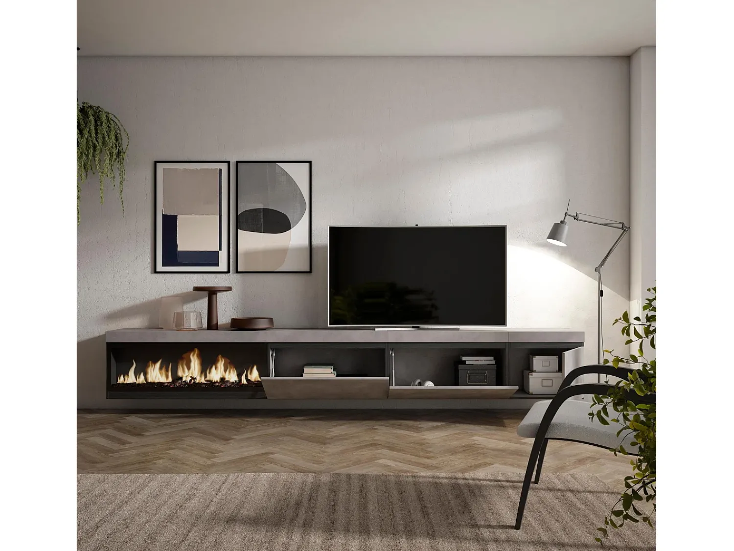 Móvel De Tv*Skraut Home Móvel de TV, 317x35x45cm, Lareira eléctrica XXL, Suspensos, Cimento Cinzento