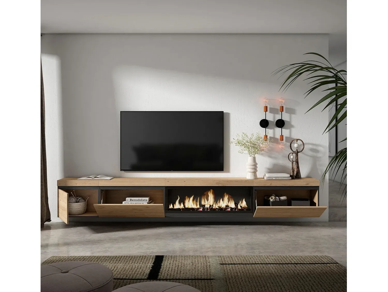 Skraut Home Móvel de TV, 317x35x45cm, Lareira eléctrica XXL, Suspensos, Carvalho^ Móvel De Tv