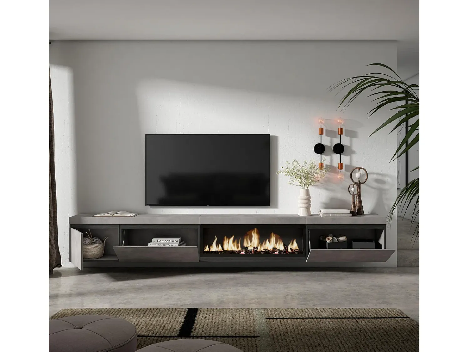 Hot Skraut Home Móvel de TV, 317x35x45cm, Lareira eléctrica XXL, Suspensos, Cimento Cinzento