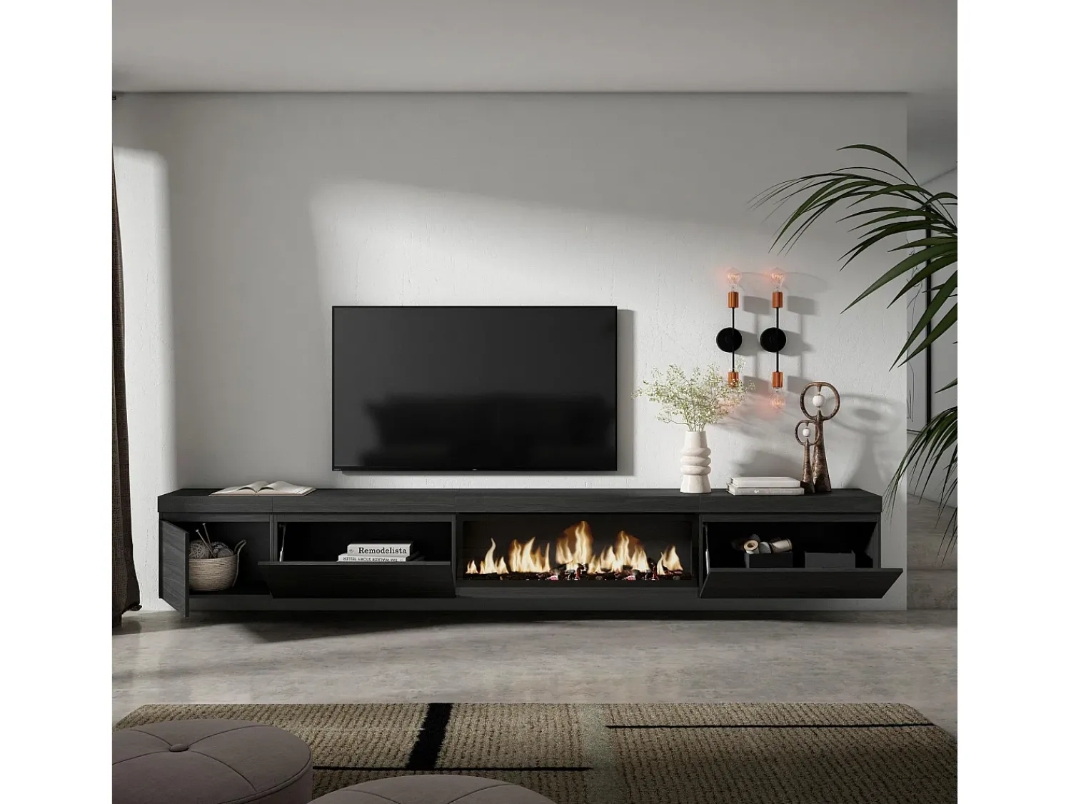 New Skraut Home Móvel de TV, 317x35x45cm, Lareira eléctrica XXL, Suspensos, Preto