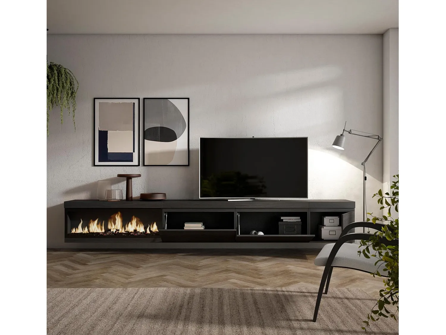 Móvel De Tv|Skraut Home Móvel de TV, 317x35x45cm, Lareira eléctrica XXL, Suspensos, Preto