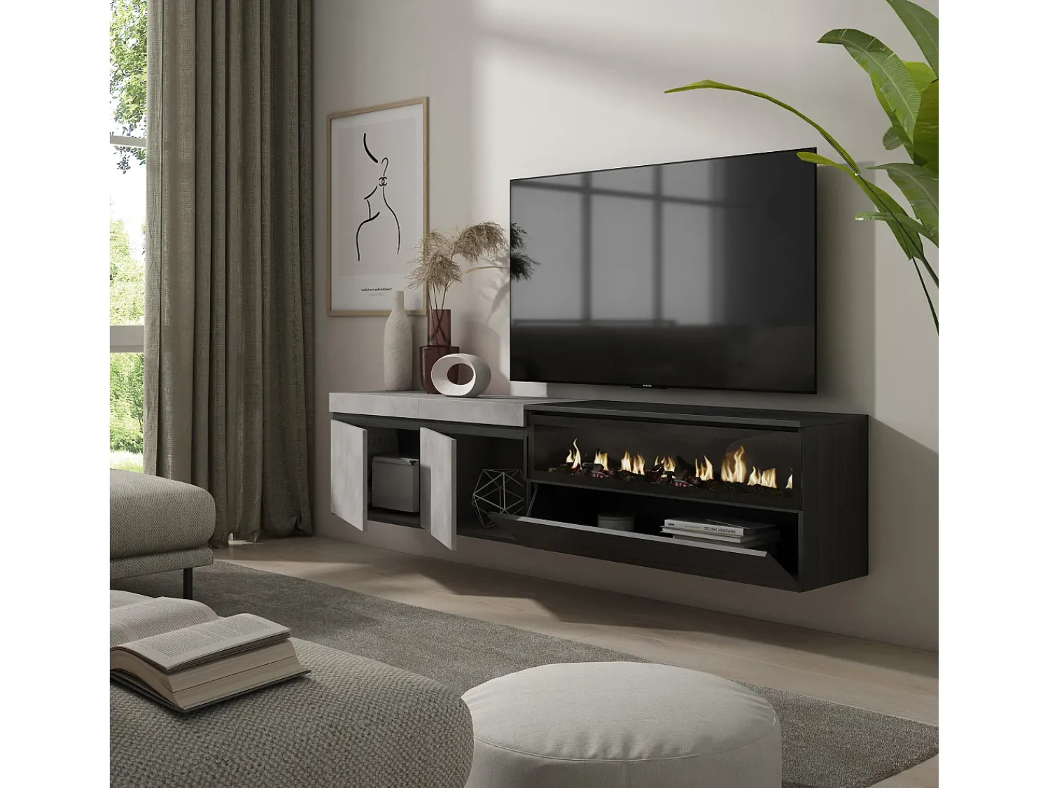 Móvel De Tv|Skraut Home Móvel de TV, 200x35x45cm, Para televisores até 80", Lareira eléctrica, Suspensos, Cimento Cinzento