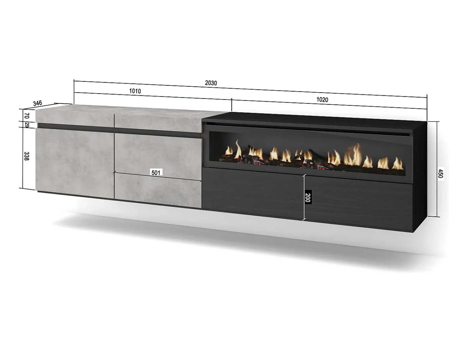 Móvel De Tv|Skraut Home Móvel de TV, 200x35x45cm, Para televisores até 80", Lareira eléctrica, Suspensos, Cimento Cinzento