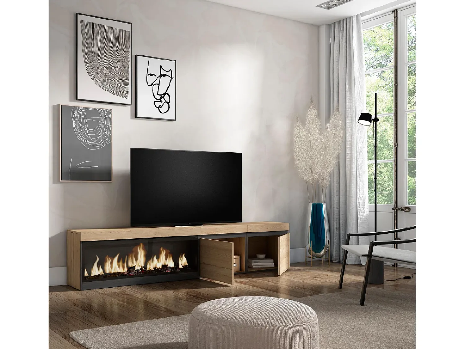 Móvel De Tv|Skraut Home Móvel de TV, 208x35x45cm, Para televisores até 80", Lareira eléctrica XXL, Carvahlo Natural claro