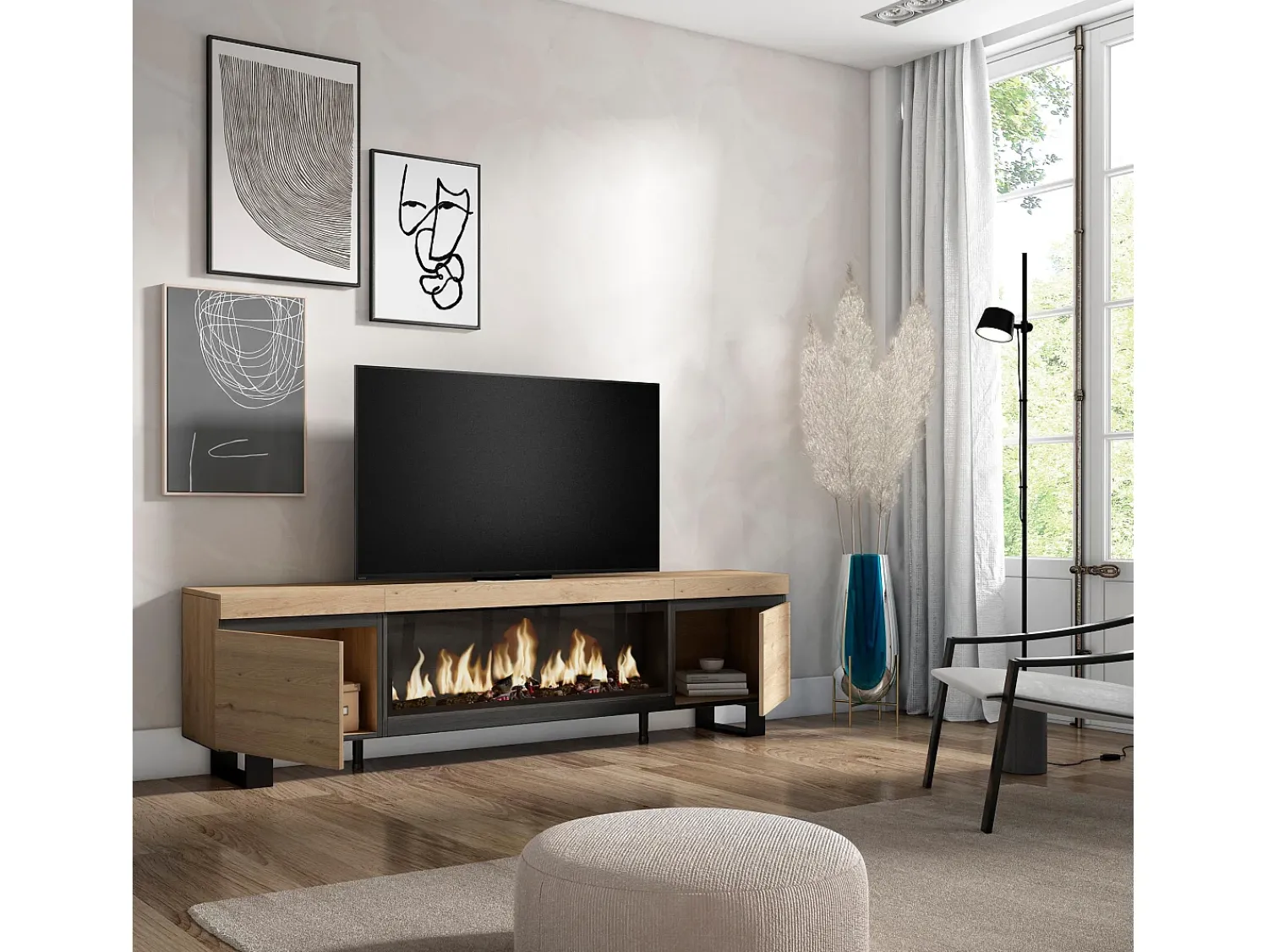 Skraut Home Móvel de TV, 208x35x57cm, Para televisores até 80", Lareira eléctrica XXL, Design industrial, Carvahlo Natural claro