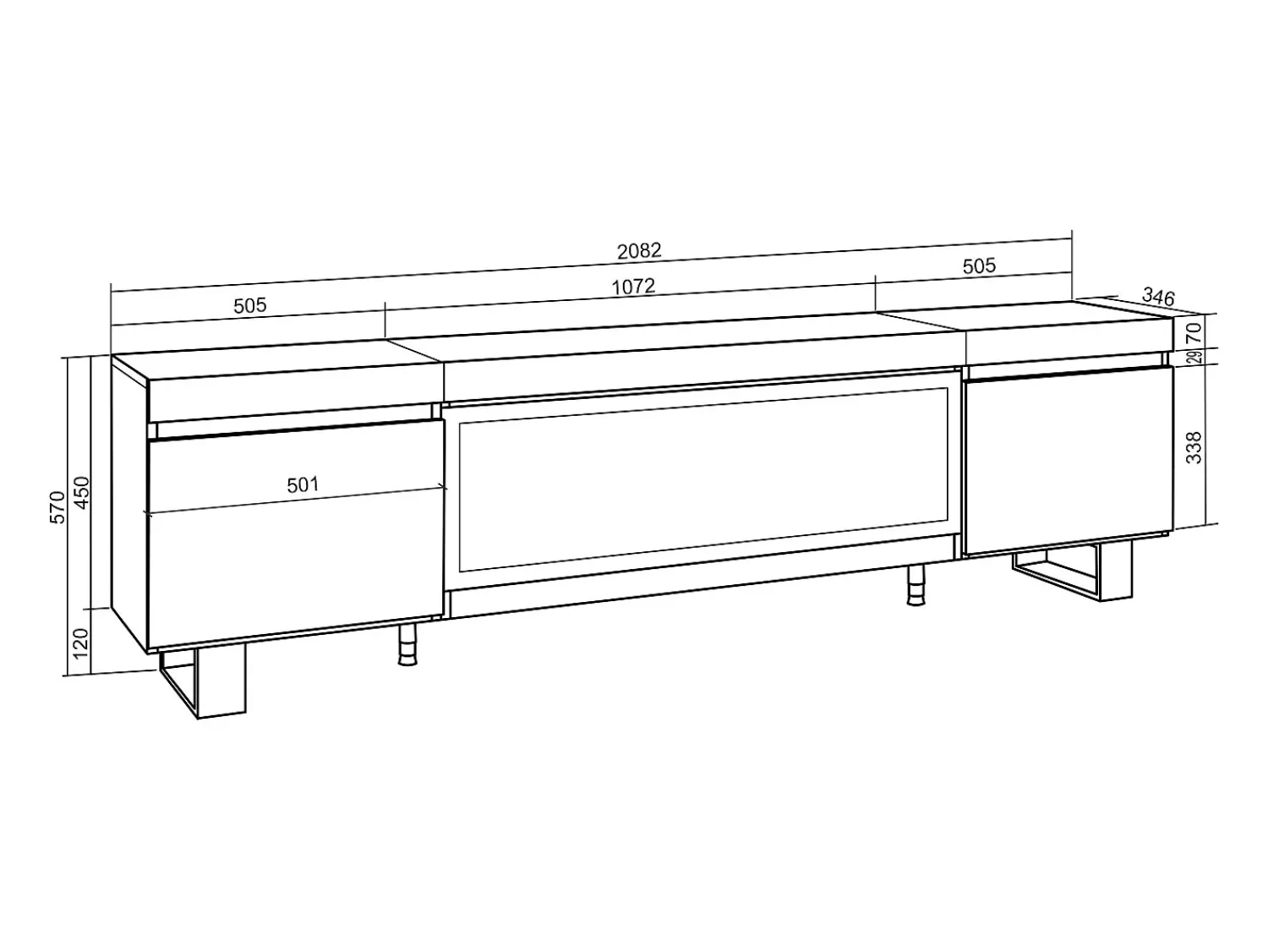 Skraut Home Móvel de TV, 208x35x57cm, Para televisores até 80", Lareira eléctrica XXL, Design industrial, Carvahlo Natural claro