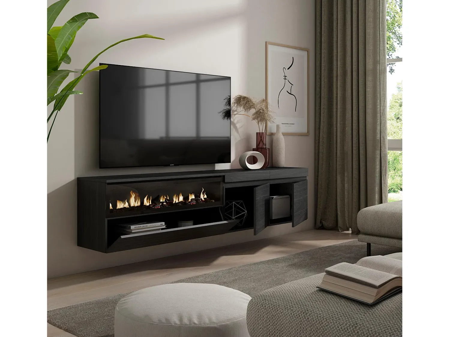 Móvel De Tv|Skraut Home Móvel de TV, 200x35x45cm, Para televisores até 80", Lareira eléctrica, Suspensos, Preto