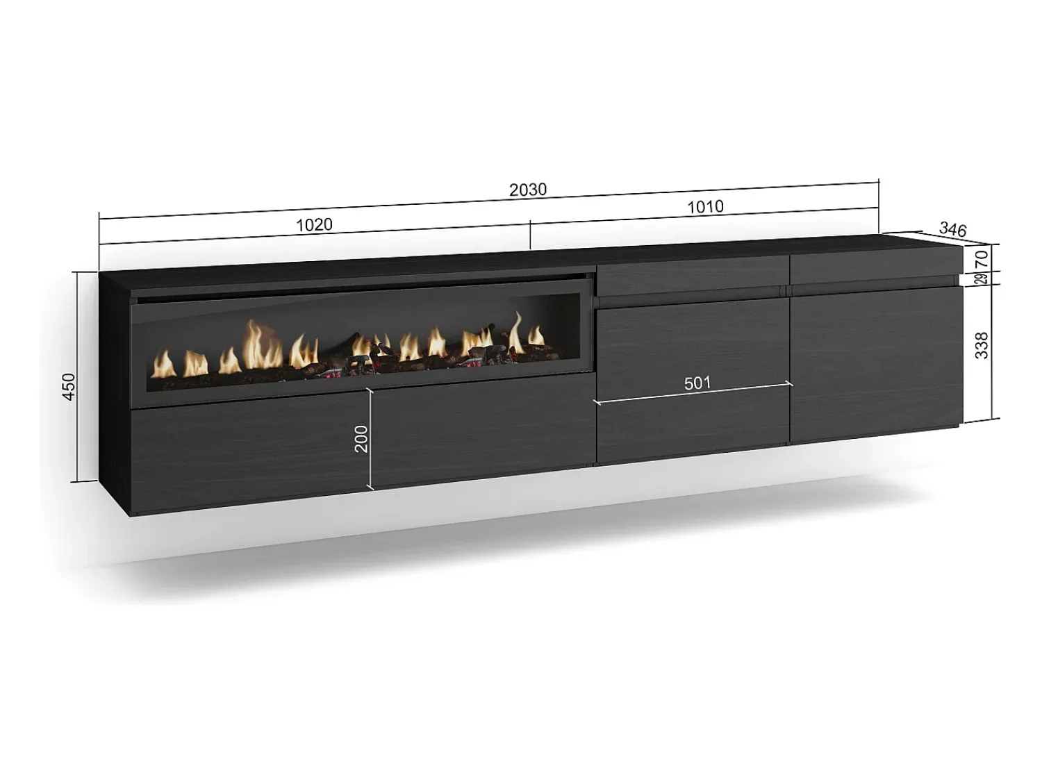 Móvel De Tv|Skraut Home Móvel de TV, 200x35x45cm, Para televisores até 80", Lareira eléctrica, Suspensos, Preto