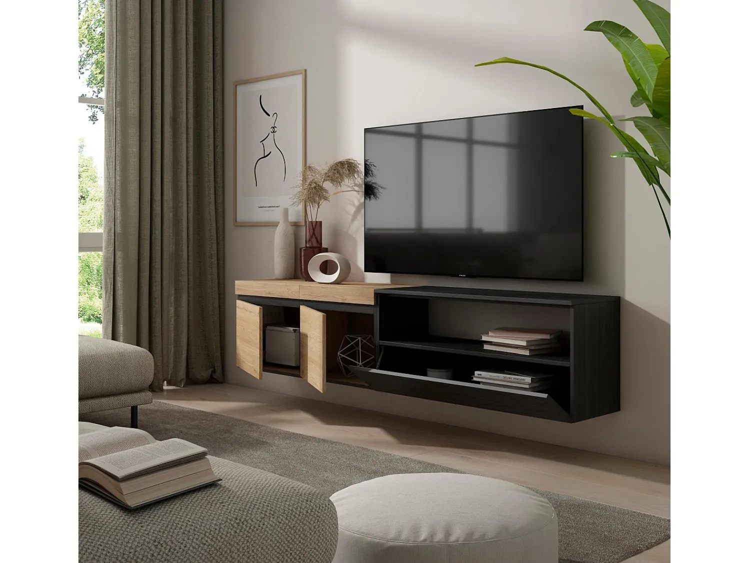 Skraut Home Móvel de TV, 200x35x45cm, Para televisores até 80", Suspensos, Carvahlo e preto^ Móvel De Tv