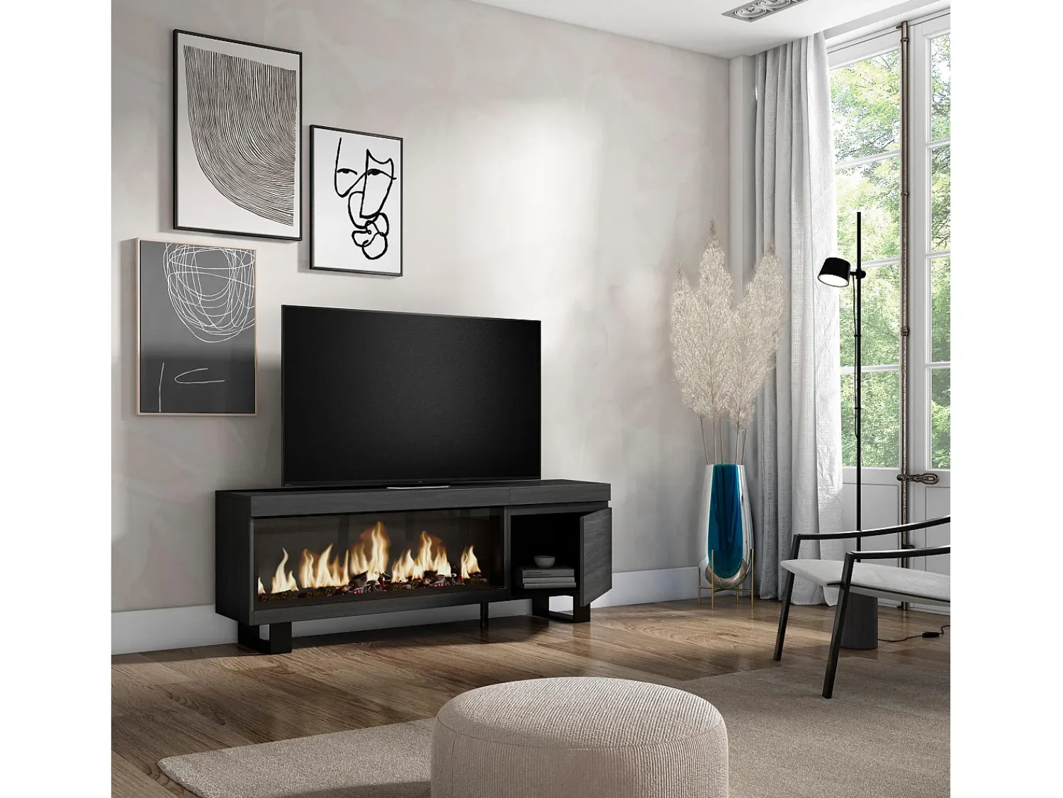 Skraut Home Móvel de TV, 158x35x57cm, Para televisores até 65", Lareira eléctrica XXL, Design industrial,^ Móvel De Tv
