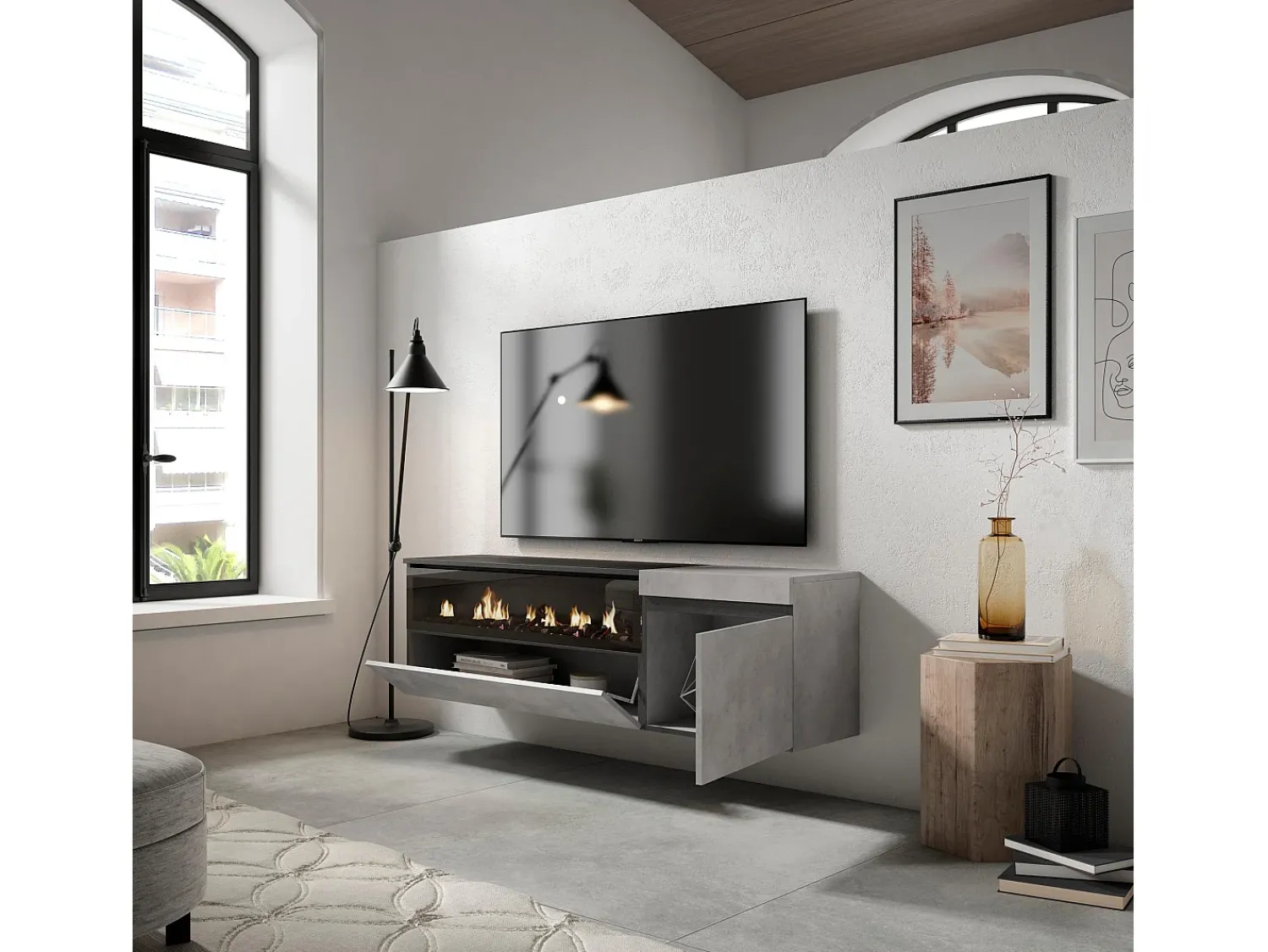 Skraut Home Móvel de TV, 150x35x45cm, Para televisores até 65", Lareira eléctrica, Suspensos, Cimento^ Móvel De Tv