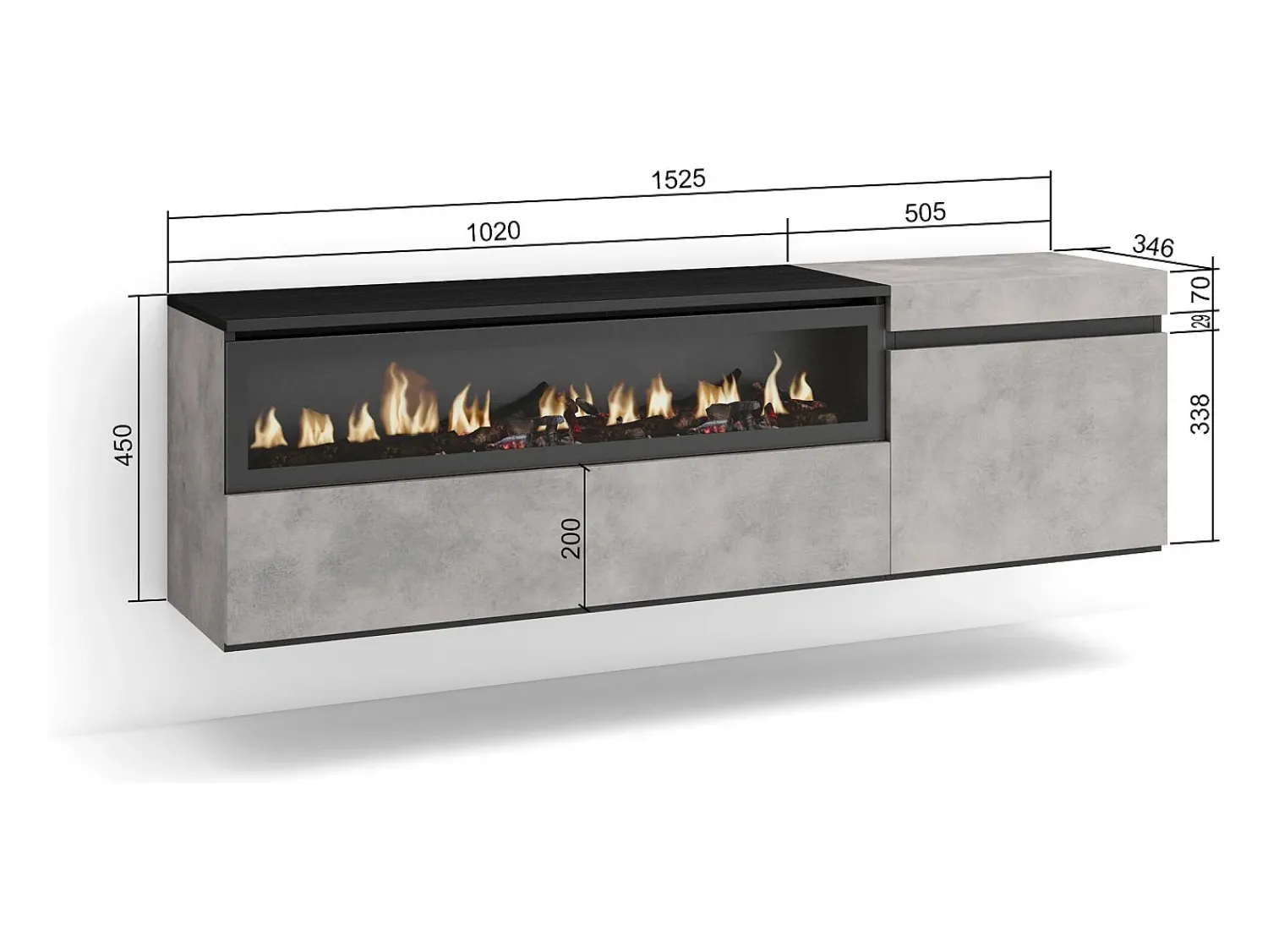 Skraut Home Móvel de TV, 150x35x45cm, Para televisores até 65", Lareira eléctrica, Suspensos, Cimento^ Móvel De Tv