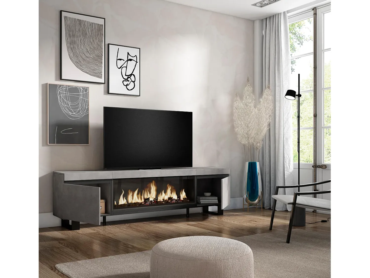 Skraut Home Móvel de TV, 208x35x57cm, Para televisores até 80", Lareira eléctrica XXL, Design industrial, Cimento Cinzento
