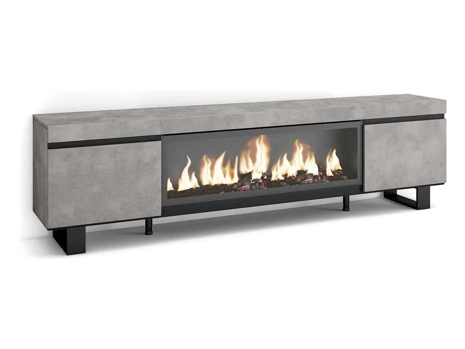 Skraut Home Móvel de TV, 208x35x57cm, Para televisores até 80", Lareira eléctrica XXL, Design industrial, Cimento Cinzento
