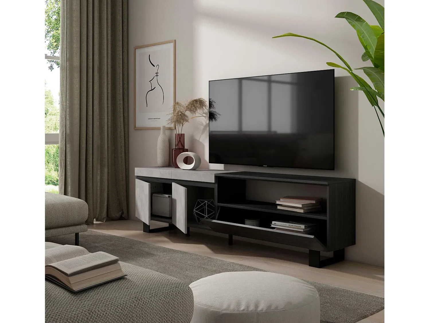 Hot Skraut Home Móvel de TV, 200x35x57cm, Para televisores até 80", Design industrial, Cimento Cinzento