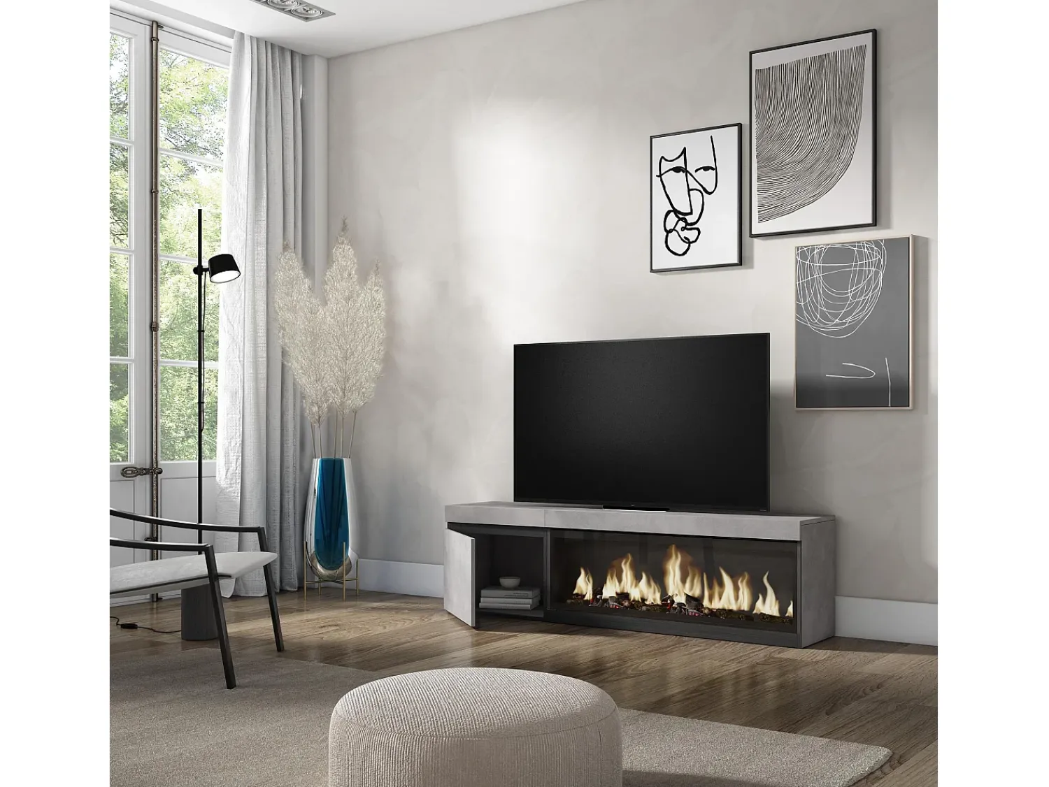 Skraut Home Móvel de TV, 158x35x45cm, Para televisores até 65", Lareira eléctrica XXL, Cimento^ Móvel De Tv
