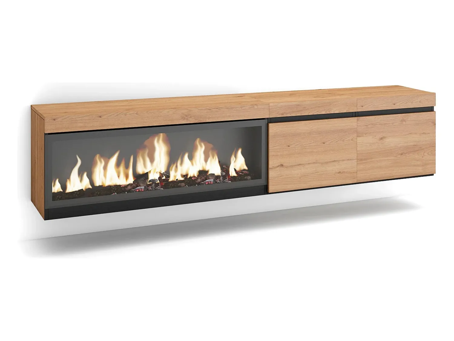 Skraut Home Móvel de TV, 208x35x45cm, Para televisores até 80", Lareira eléctrica XXL, Suspensos, Carvahlo^ Móvel De Tv