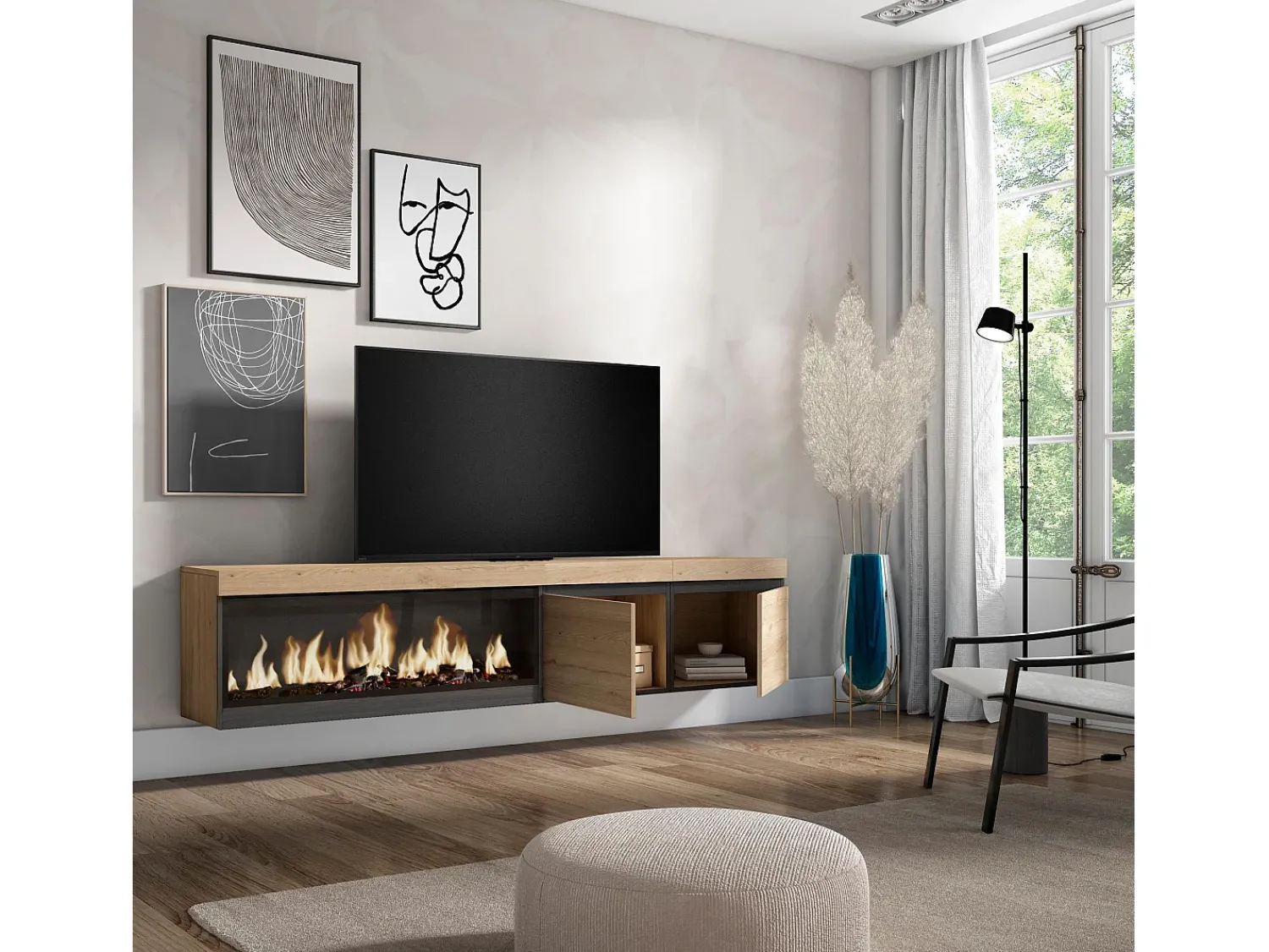 Skraut Home Móvel de TV, 208x35x45cm, Para televisores até 80", Lareira eléctrica XXL, Suspensos, Carvahlo^ Móvel De Tv