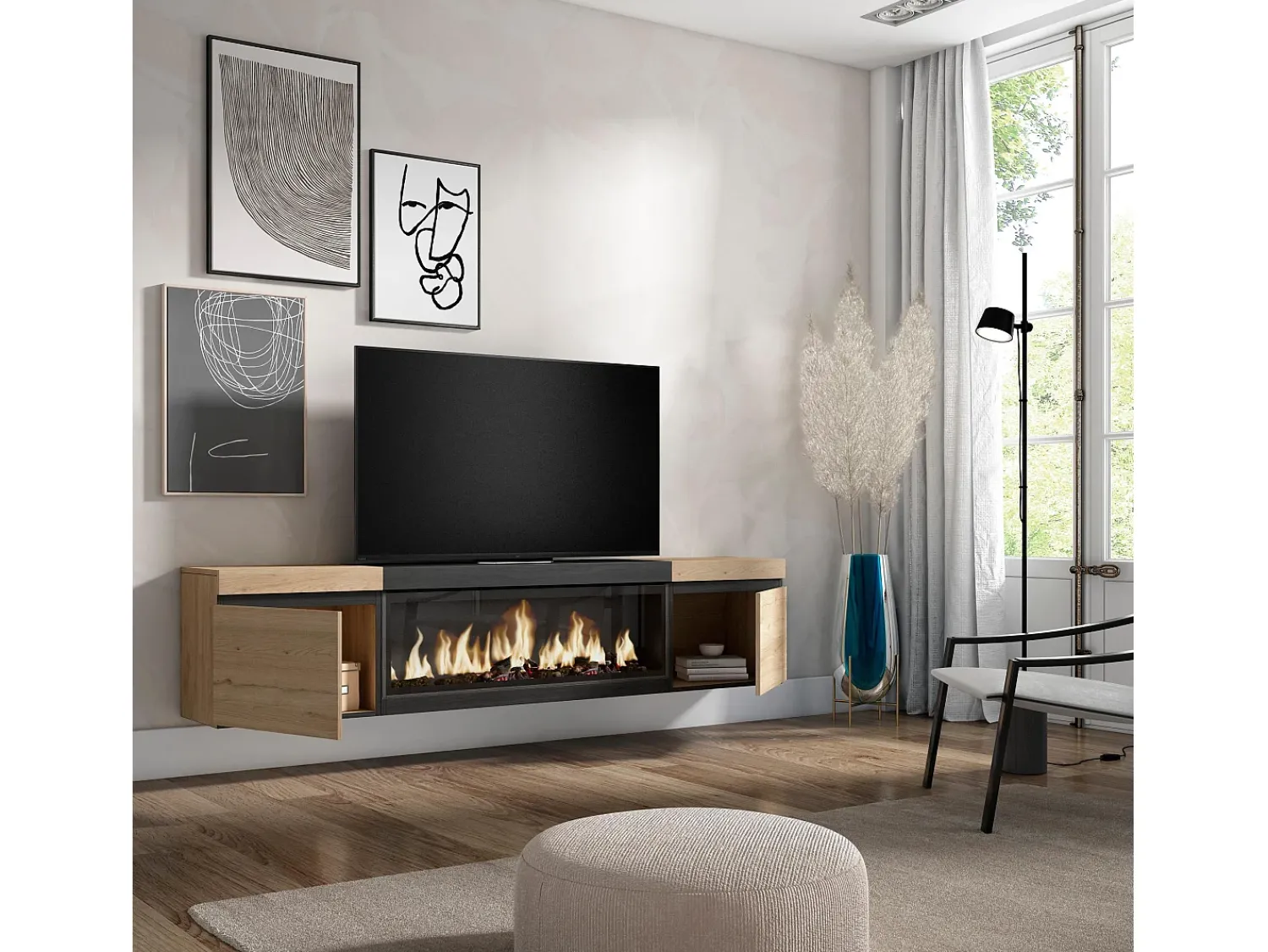 Móvel De Tv*Skraut Home Móvel de TV, 208x35x45cm, Para televisores até 80", Lareira eléctrica XXL, Suspensos, Carvahlo e preto Natural claro