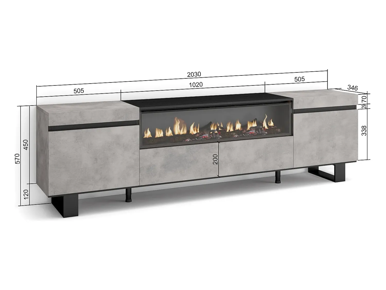 Móvel De Tv|Skraut Home Móvel de TV, 200x35x57cm, Para televisores até 80", Lareira eléctrica, Design industrial, Cimento Cinzento