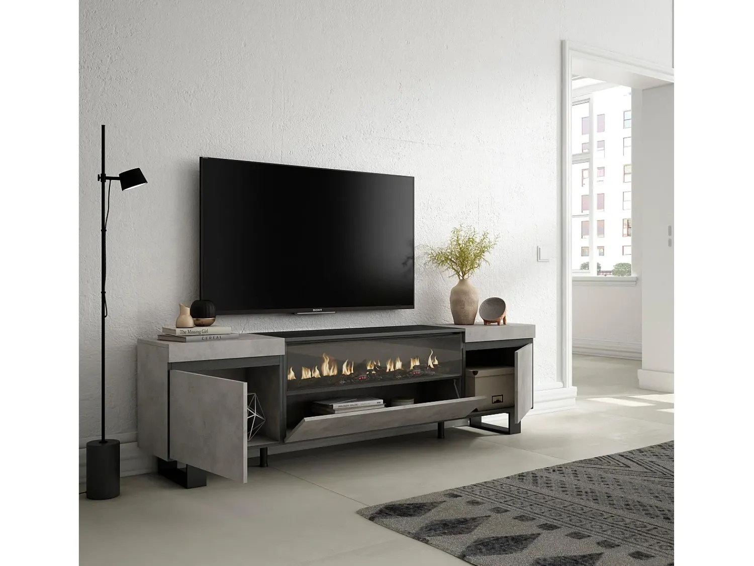 Móvel De Tv|Skraut Home Móvel de TV, 200x35x57cm, Para televisores até 80", Lareira eléctrica, Design industrial, Cimento Cinzento