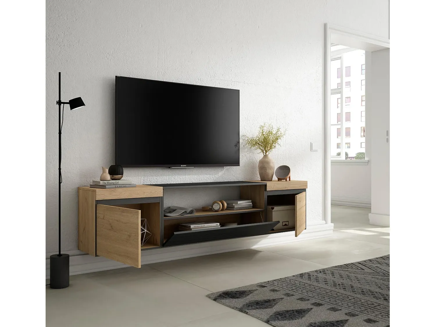 Online Skraut Home Móvel de TV, 200x35x45cm, Para televisores até 80", Suspensos, Carvahlo e preto Natural claro