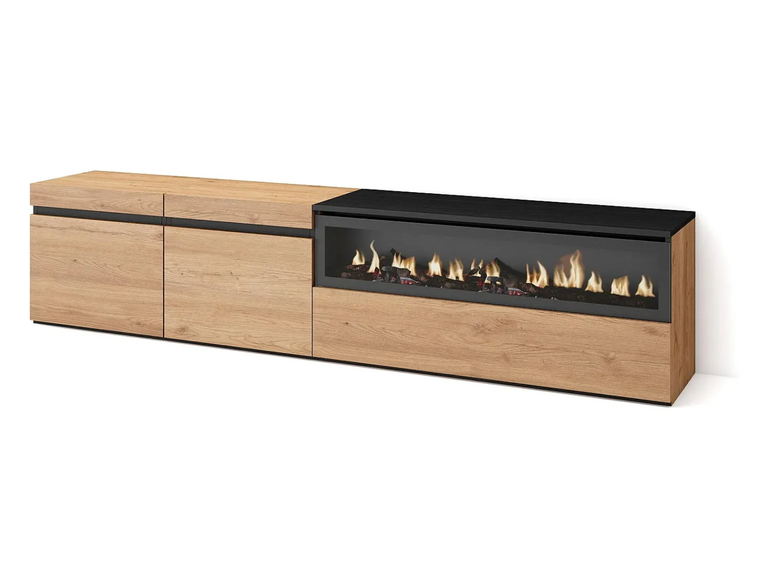 New Skraut Home Móvel de TV, 200x35x45cm, Para televisores até 80", Lareira eléctrica, Carvahlo e preto Natural claro