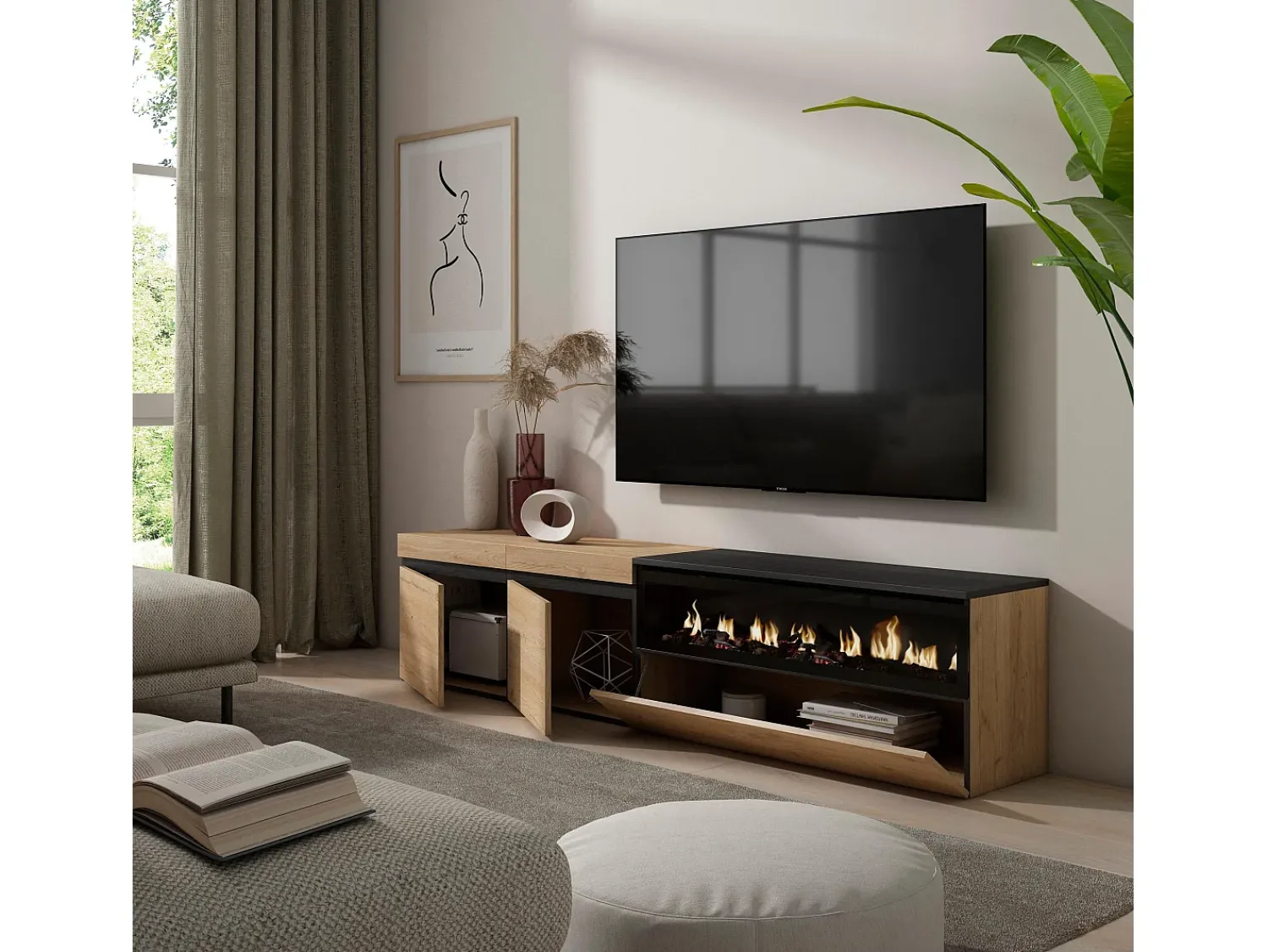 New Skraut Home Móvel de TV, 200x35x45cm, Para televisores até 80", Lareira eléctrica, Carvahlo e preto Natural claro