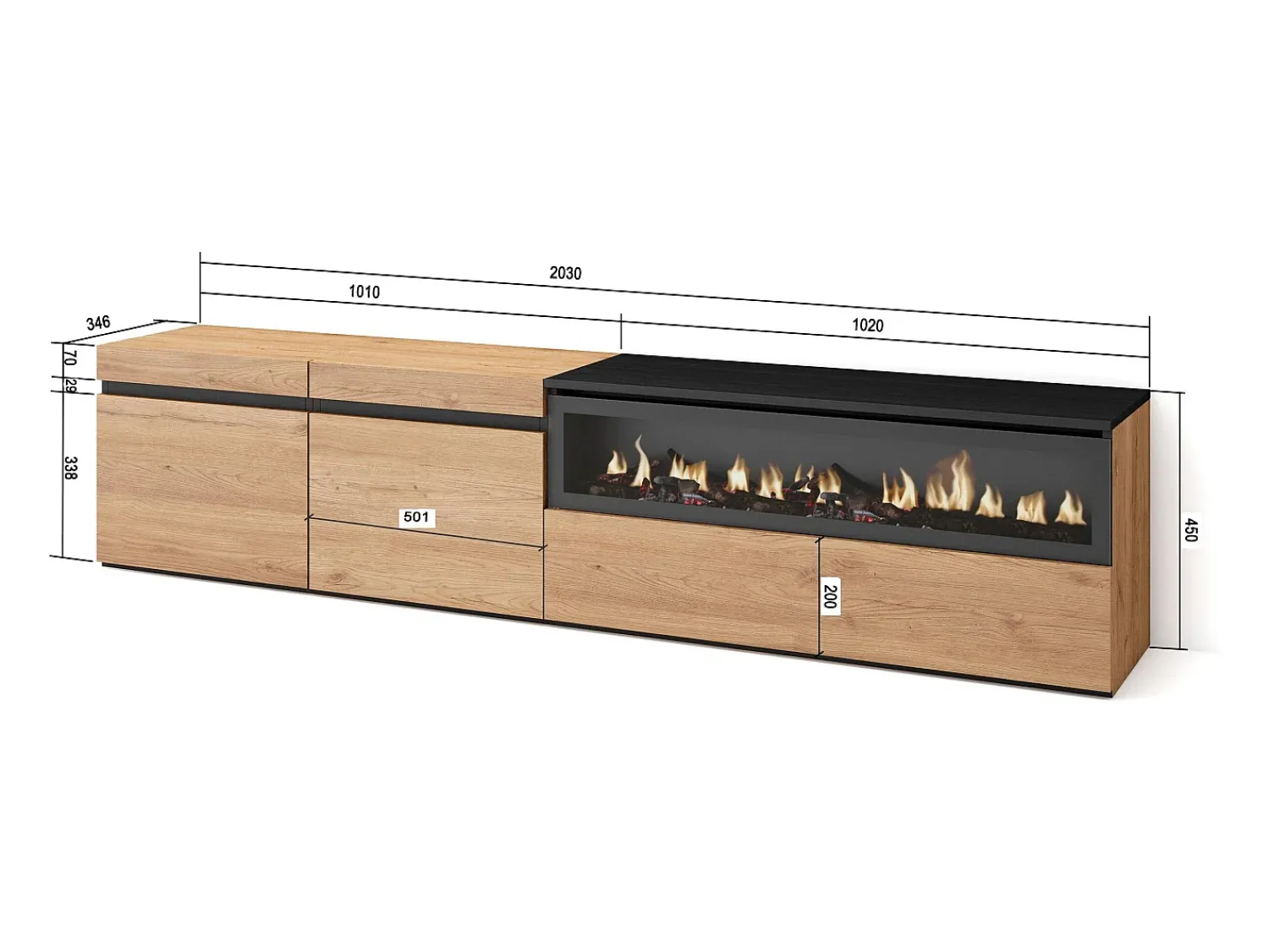 New Skraut Home Móvel de TV, 200x35x45cm, Para televisores até 80", Lareira eléctrica, Carvahlo e preto Natural claro