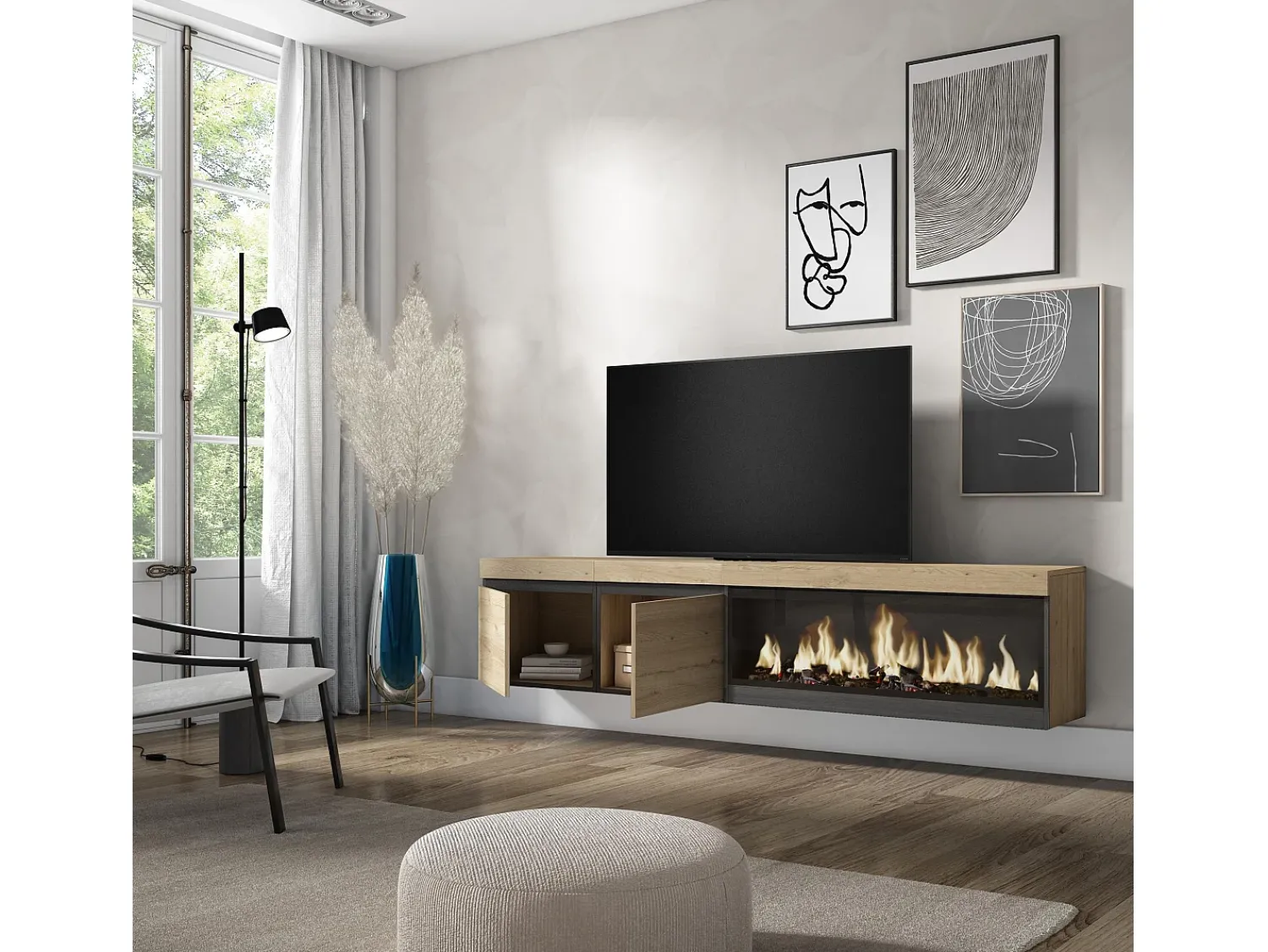 Skraut Home Móvel de TV, 208x35x45cm, Para televisores até 80", Lareira eléctrica XXL, Suspensos, Carvahlo^ Móvel De Tv