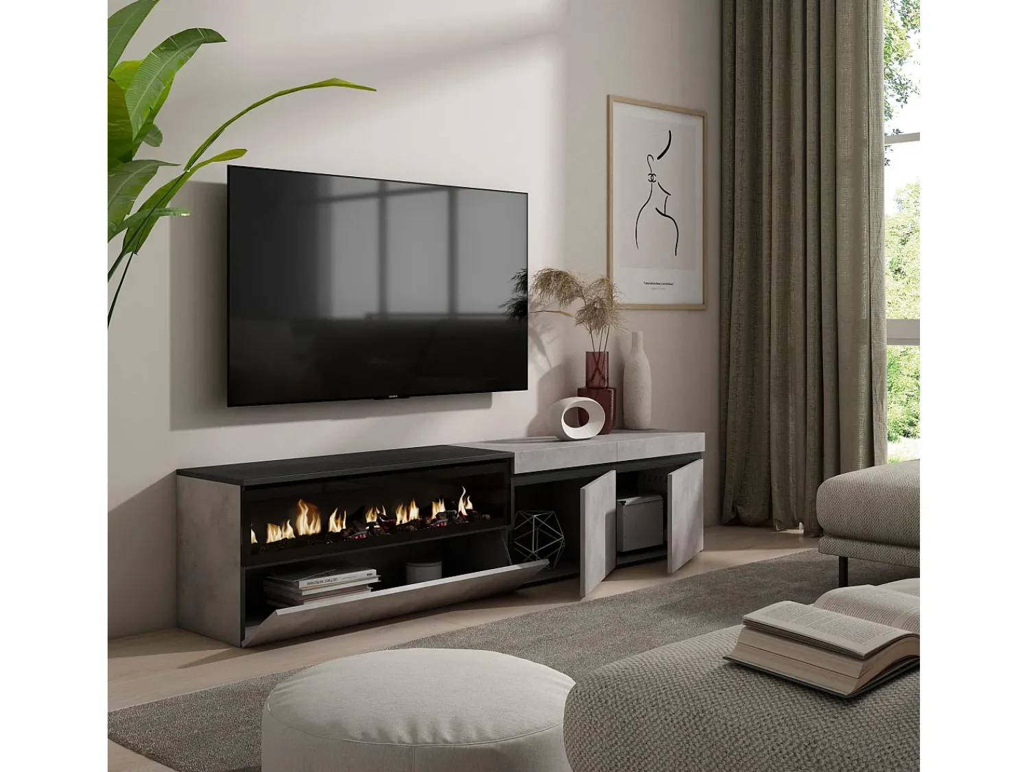 Móvel De Tv|Skraut Home Móvel de TV, 200x35x45cm, Para televisores até 80", Lareira eléctrica, Cimento Cinzento