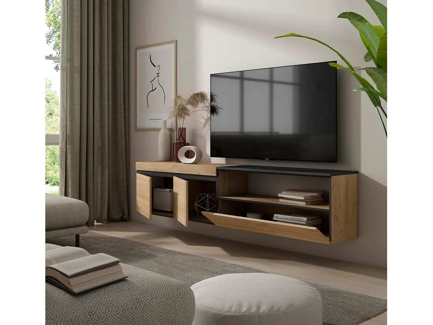 Skraut Home Móvel de TV, 200x35x45cm, Para televisores até 80", Suspensos, Carvahlo e preto^ Móvel De Tv